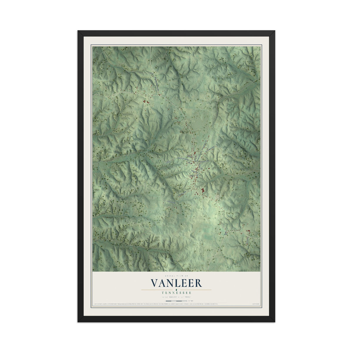 Map of Vanleer, Tennessee, 12 x 18 inch print in a black wood frame