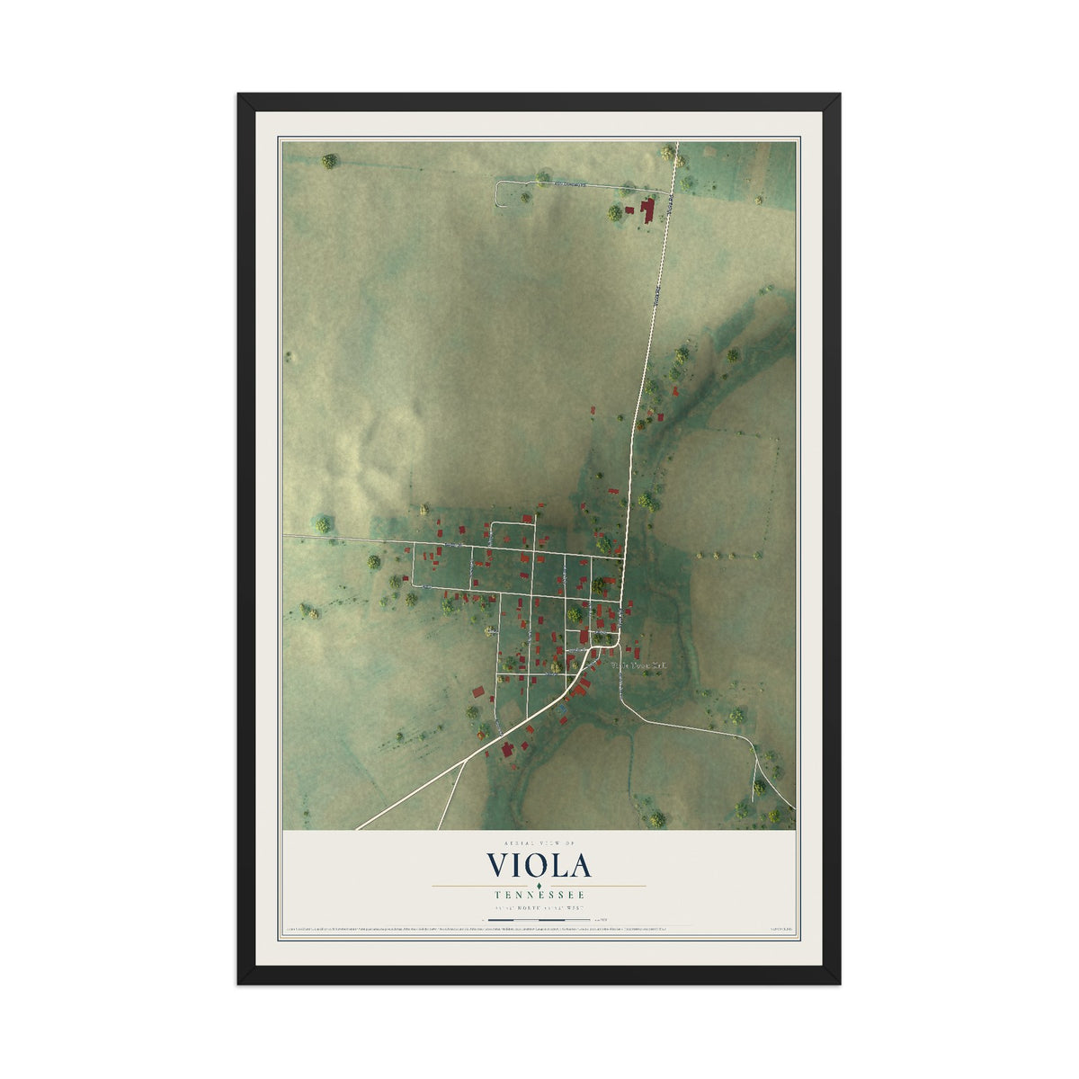 Map of Viola, Tennessee, 12 x 18 inch print in a black wood frame