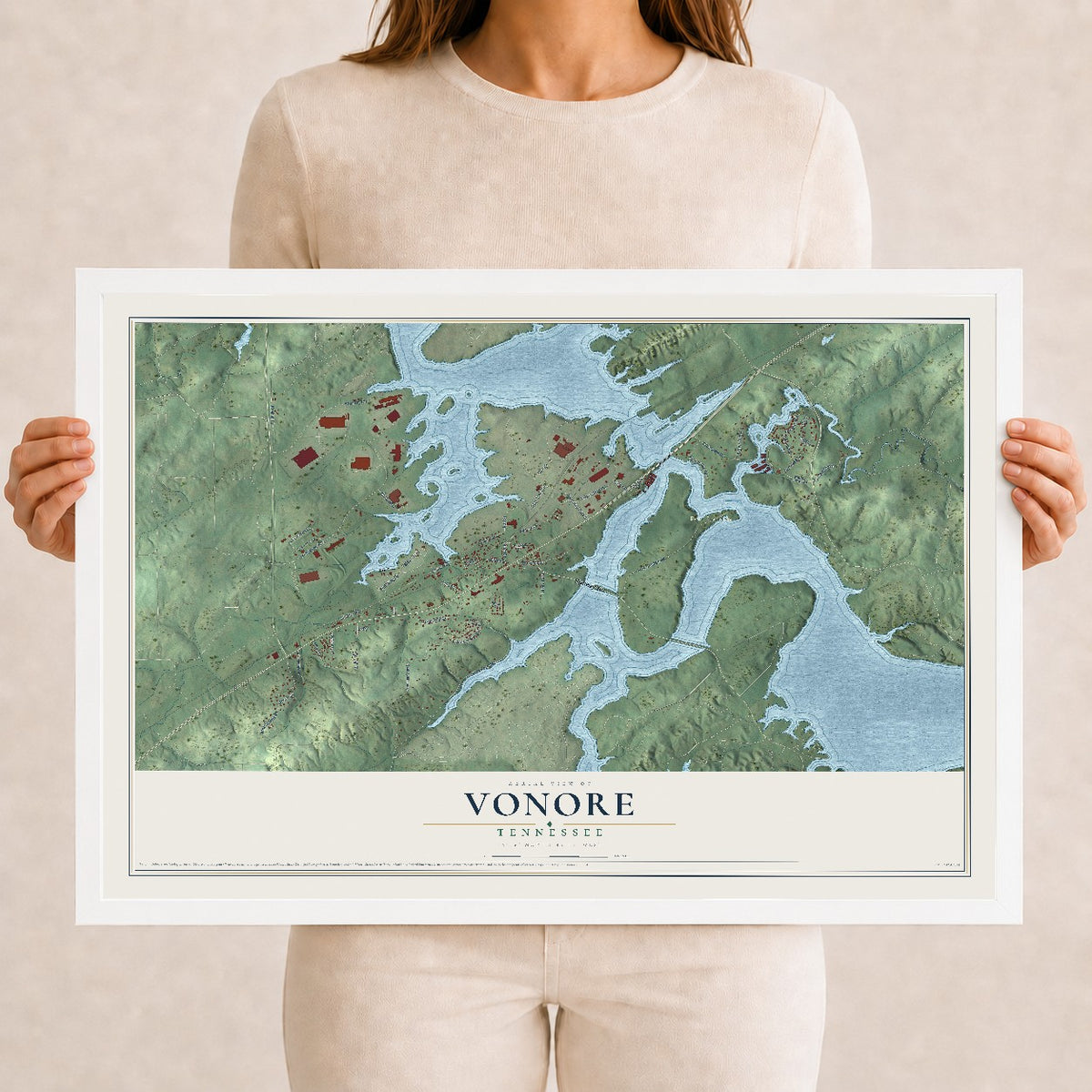 Map of Vonore, Tennessee, 12 x 18 inch print in a white wood frame