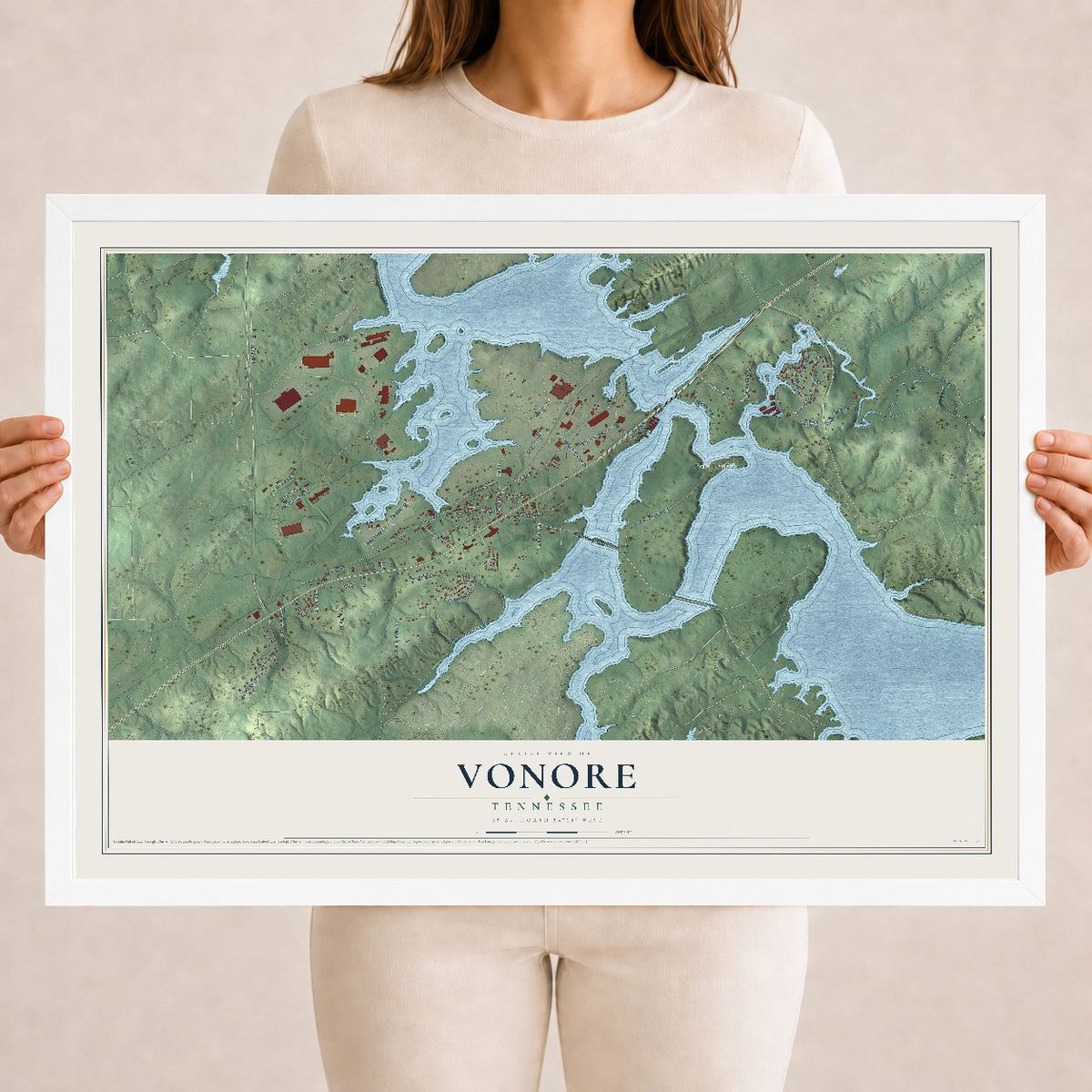 Map of Vonore, Tennessee, 18 x 24 inch print in a white wood frame