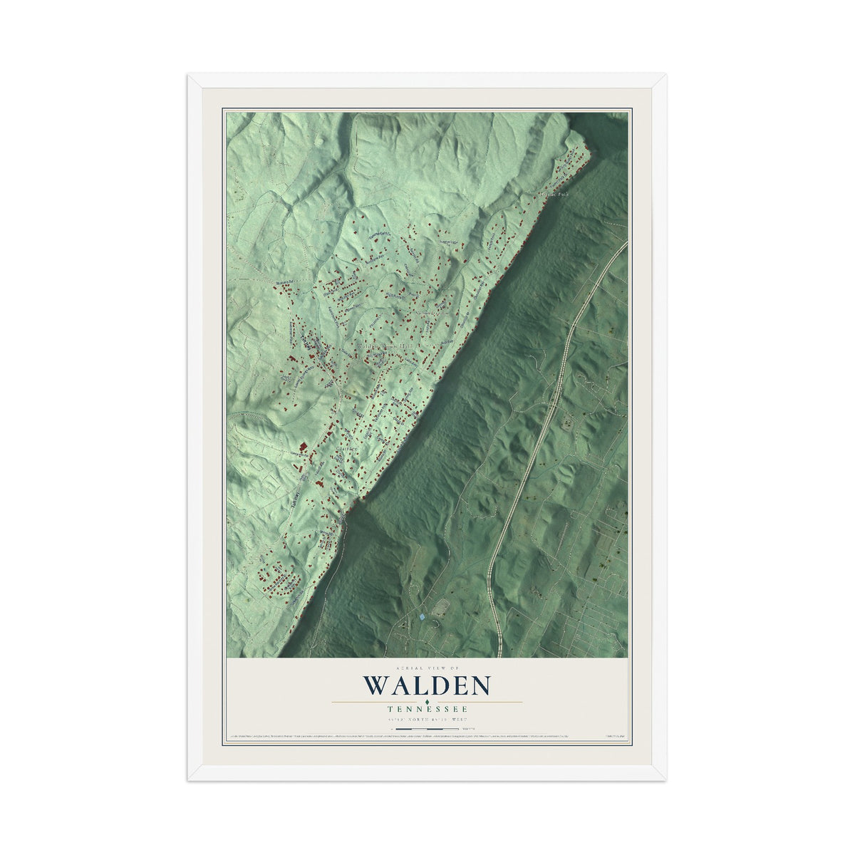 Map of Walden, Tennessee, 12 x 18 inch print in a white wood frame