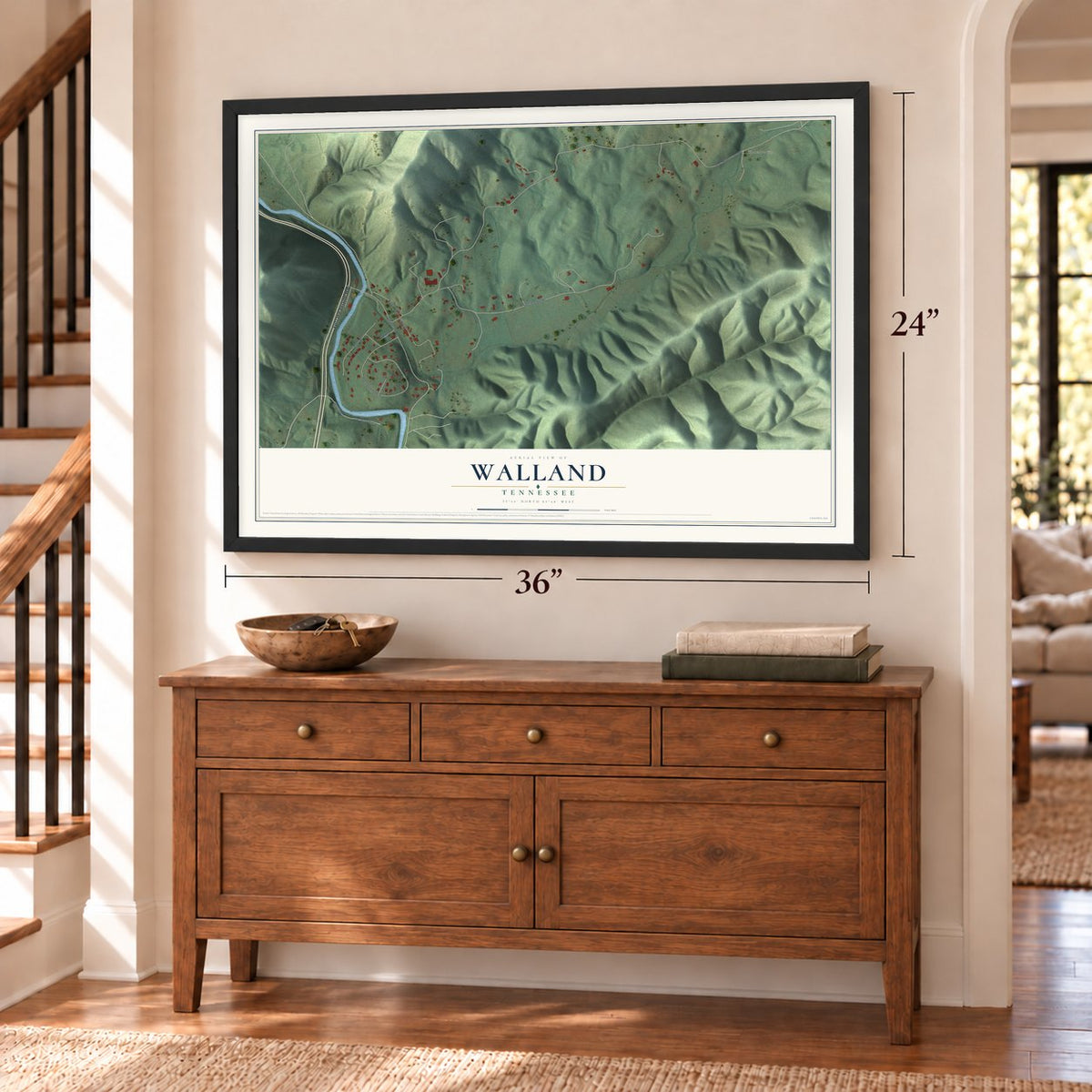 Walland, Tennessee map, 24 x 36 inch print in a black frame above a dresser by a staircase