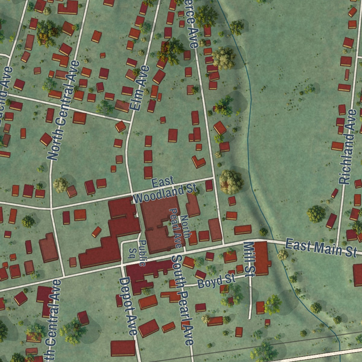 Close-up of the map of Watertown, Tennessee print showing street and building detail