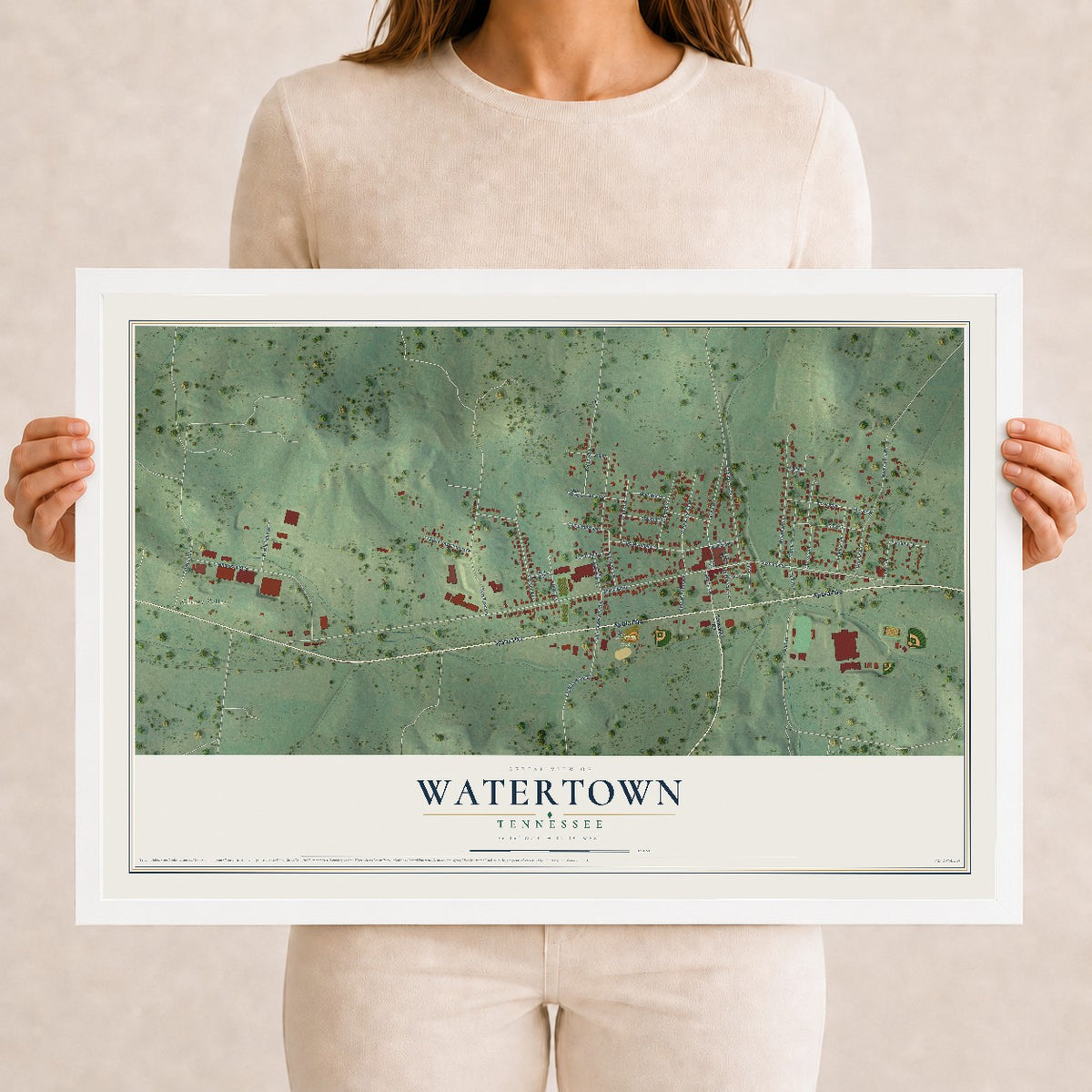 Map of Watertown, Tennessee, 12 x 18 inch print in a white wood frame