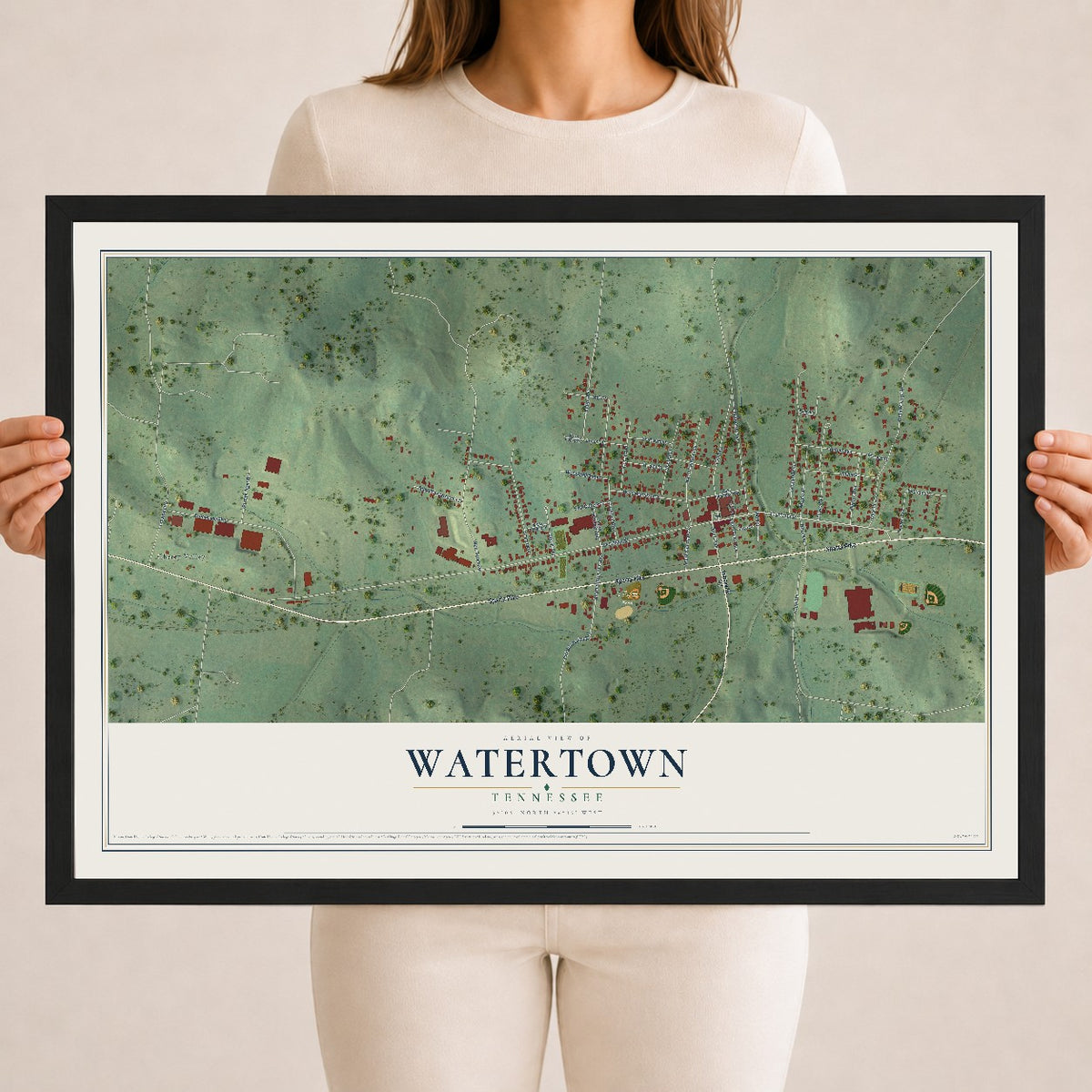 Map of Watertown, Tennessee, 18 x 24 inch print in a black wood frame