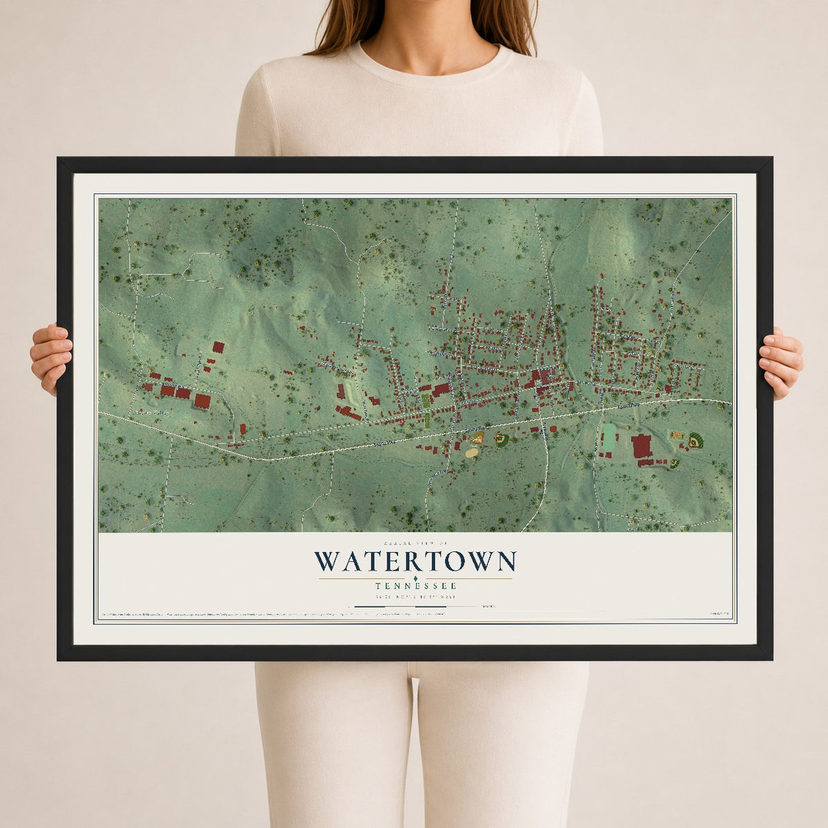 Map of Watertown, Tennessee, 24 x 36 inch print in a black wood frame