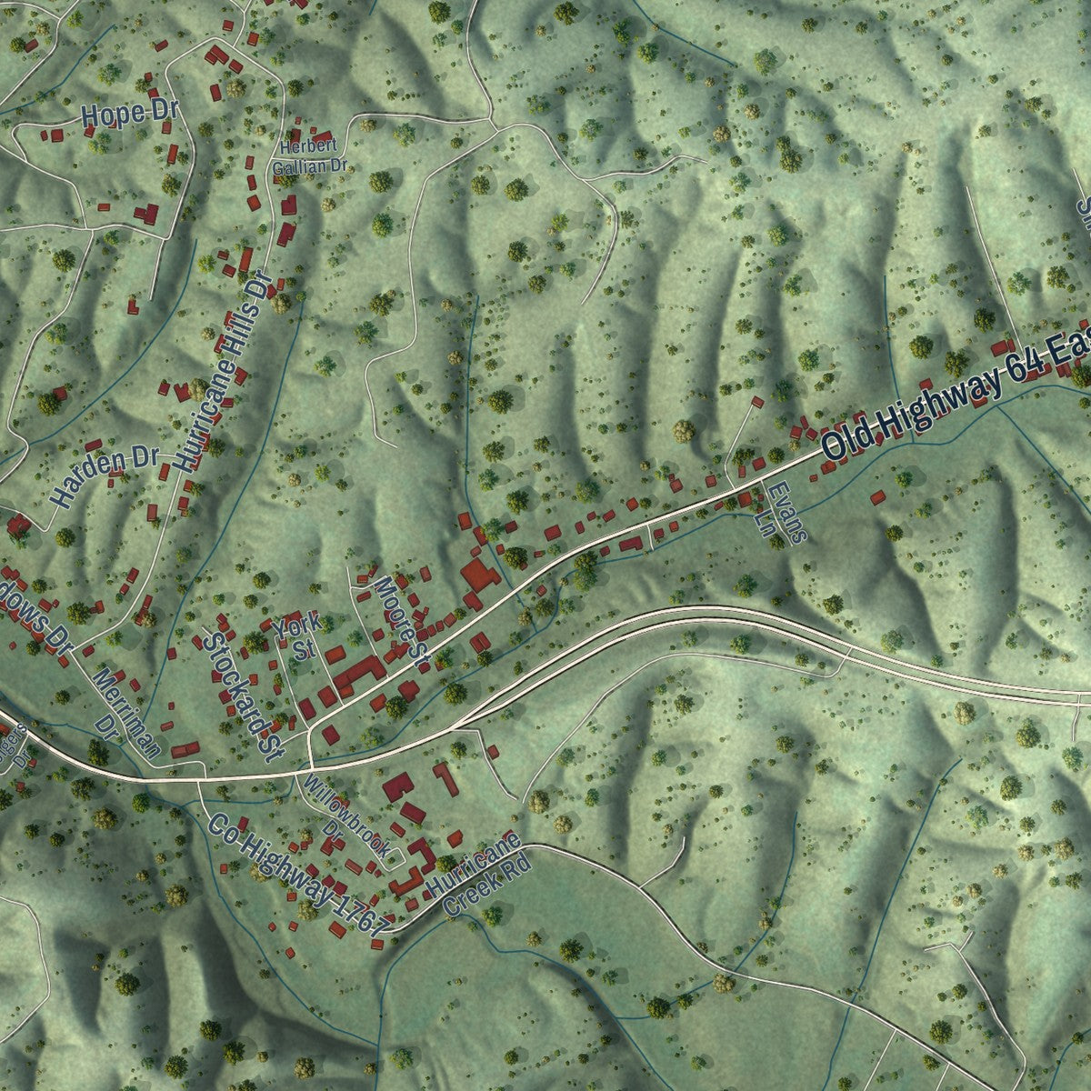 Second close-up of the map of Waynesboro, Tennessee print showing more streets and buildings