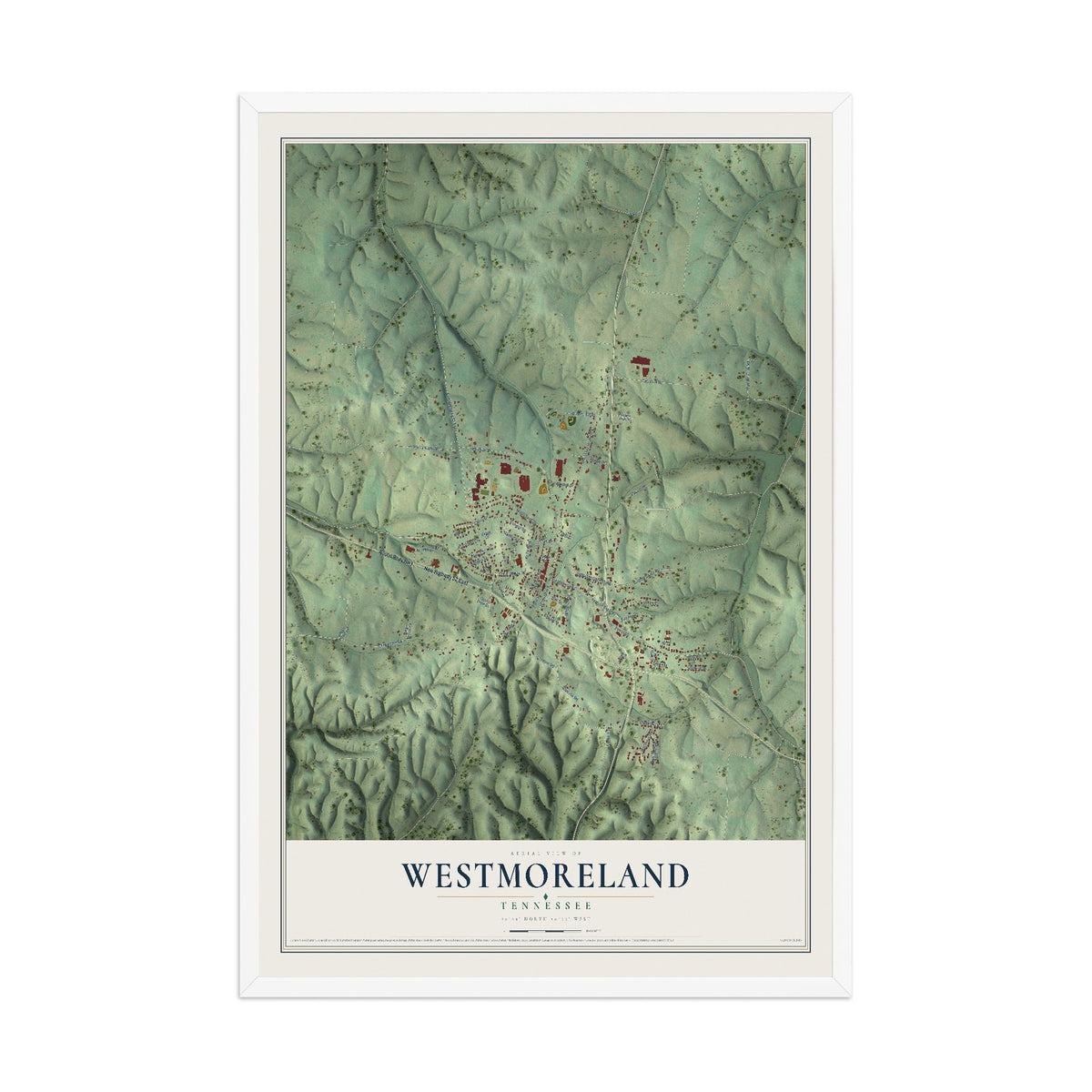 Map of Westmoreland, Tennessee, 12 x 18 inch print in a white wood frame