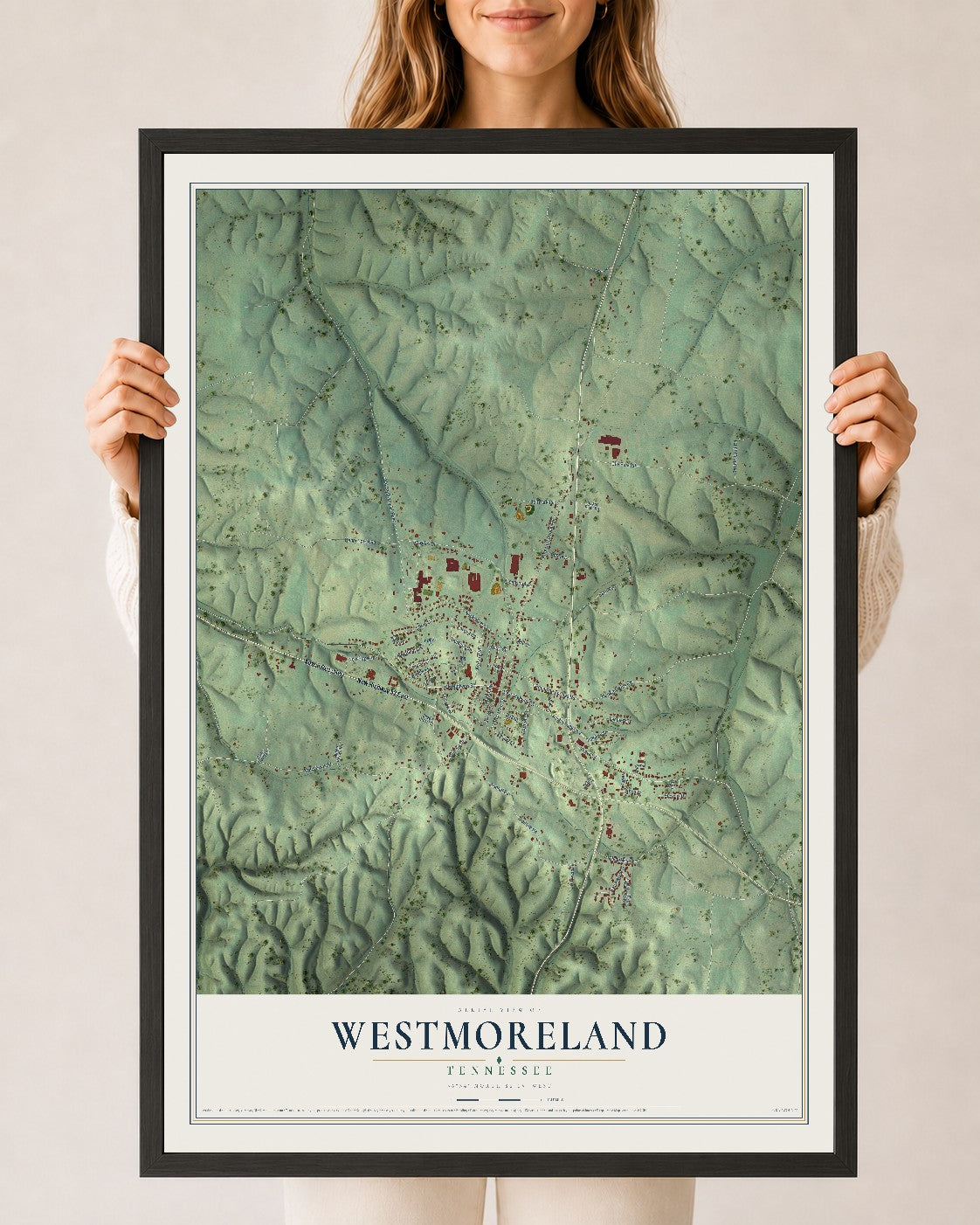 Map of Westmoreland, Tennessee, 24 x 36 inch print in a black wood frame