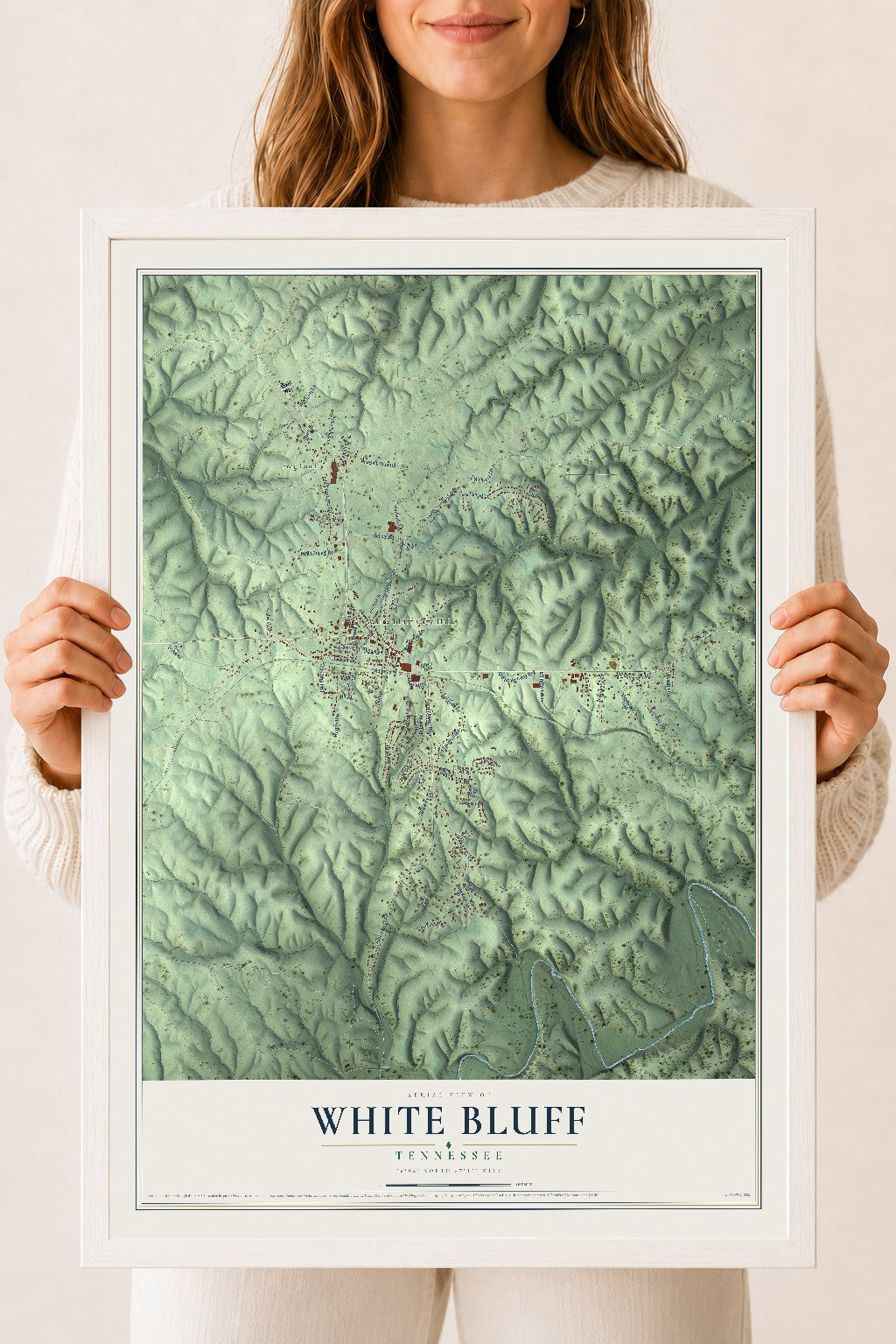Map of White Bluff, Tennessee, 18 x 24 inch print in a white wood frame