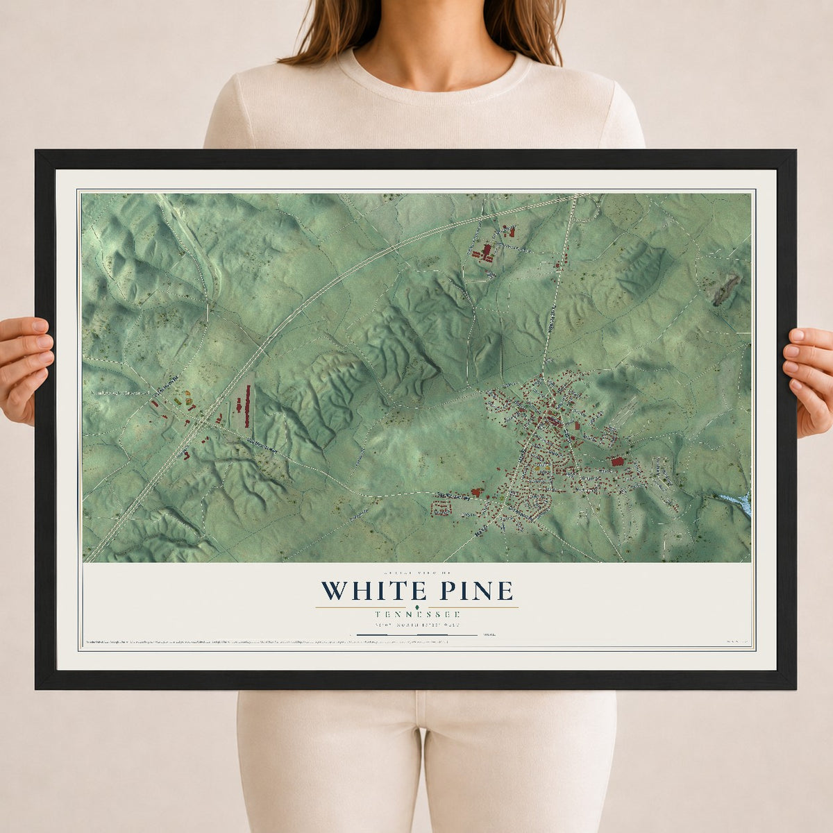 Map of White Pine, Tennessee, 18 x 24 inch print in a black wood frame