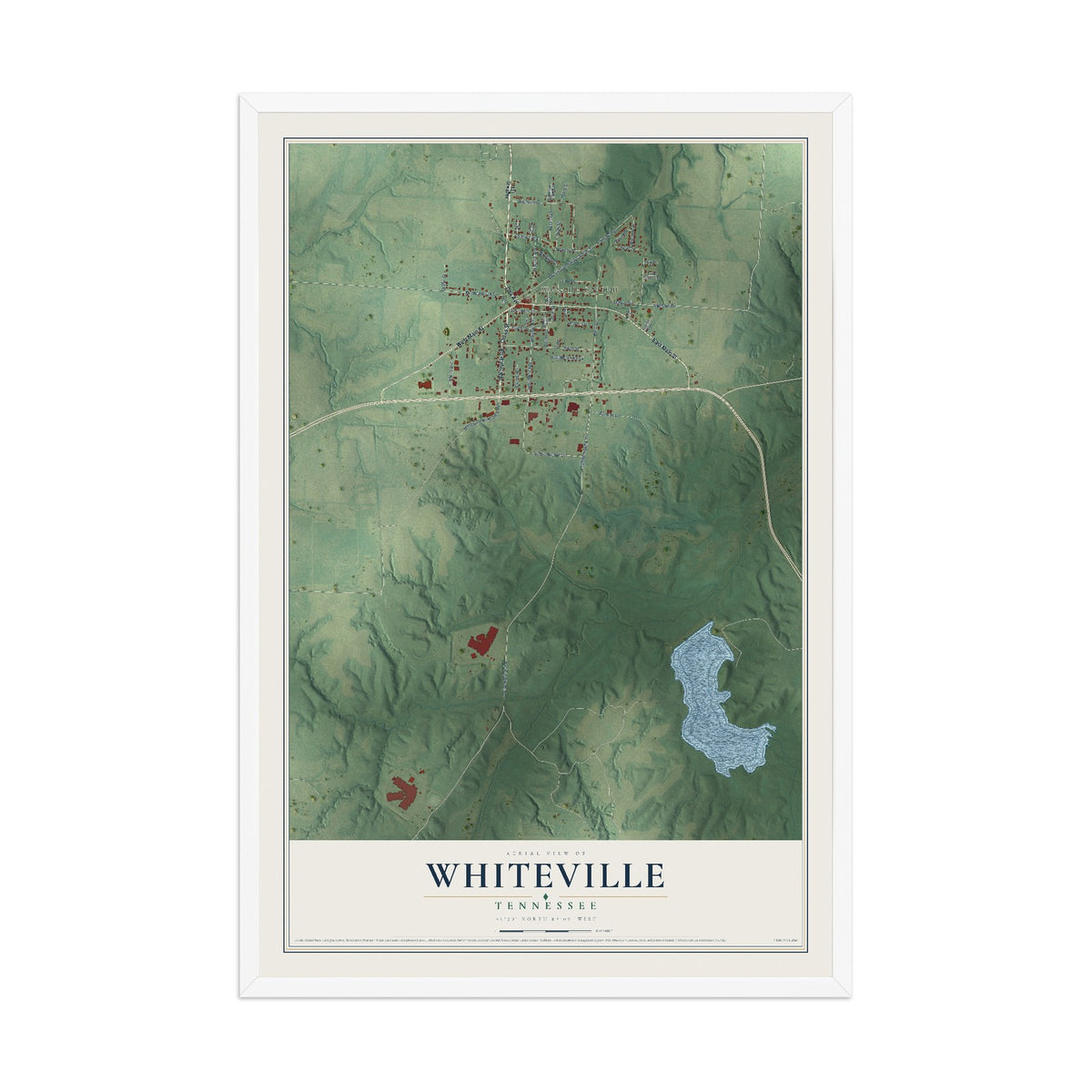 Map of Whiteville, Tennessee, 12 x 18 inch print in a white wood frame