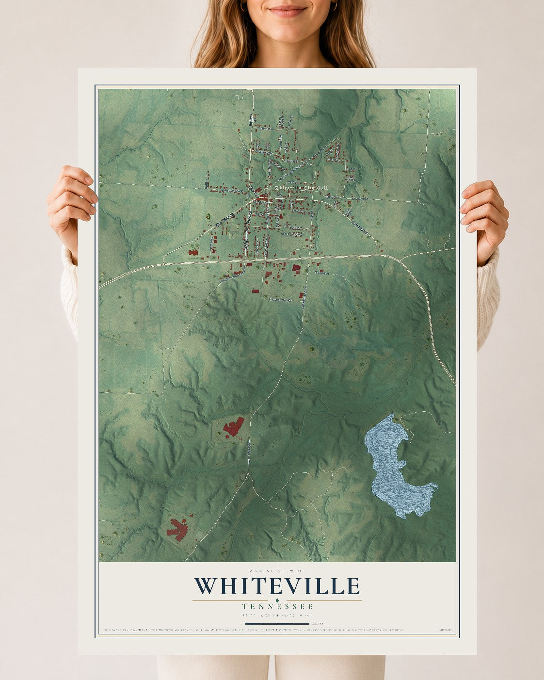 Map of Whiteville, Tennessee, 24 x 36 inch unframed archival matte print