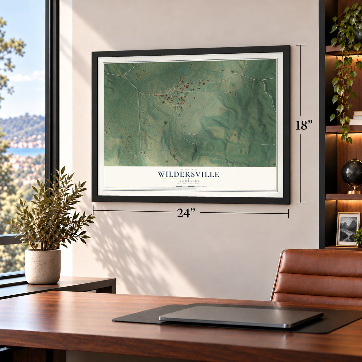 Wildersville, Tennessee map, 18 x 24 inch print in a black frame in a home office