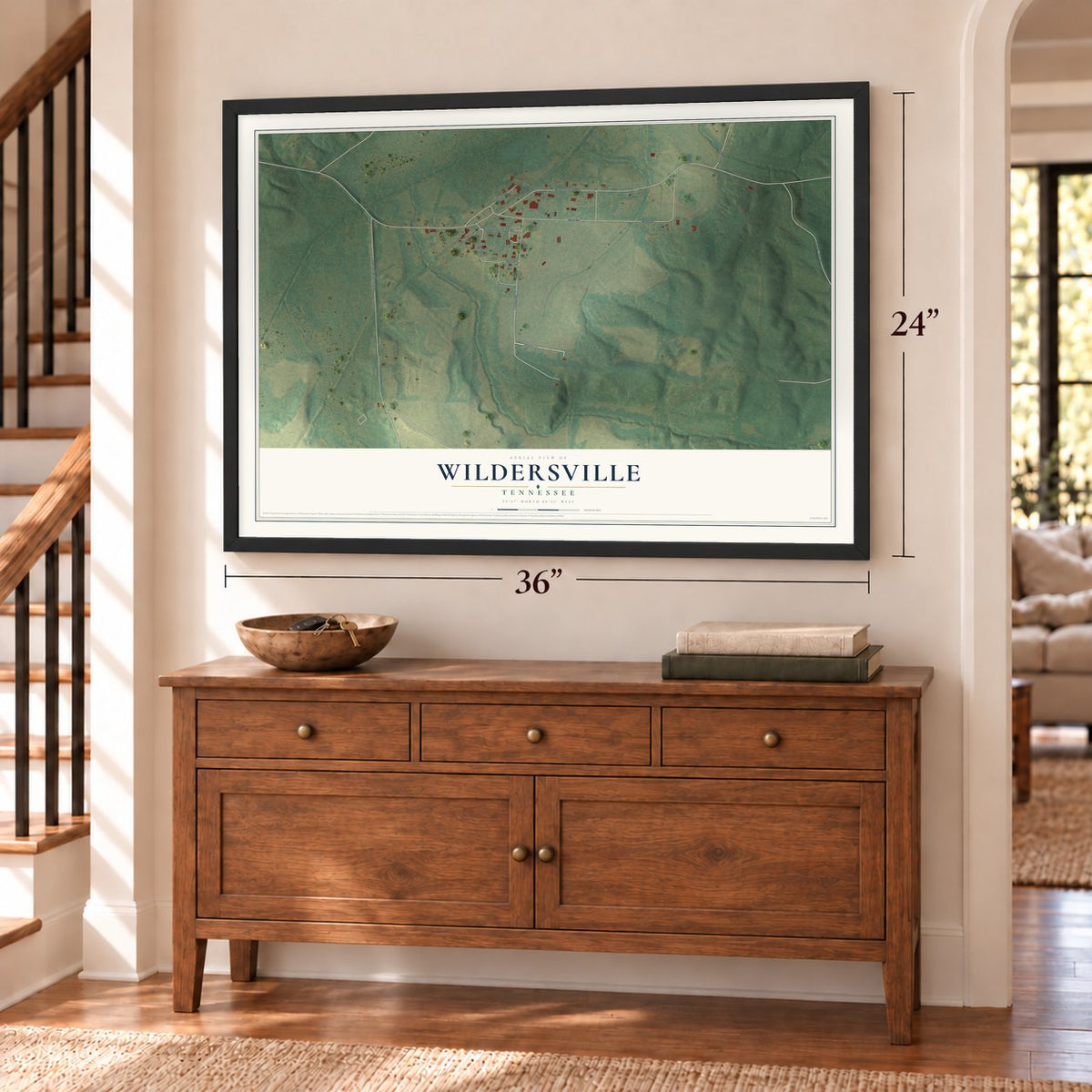 Wildersville, Tennessee map, 24 x 36 inch print in a black frame above a dresser by a staircase