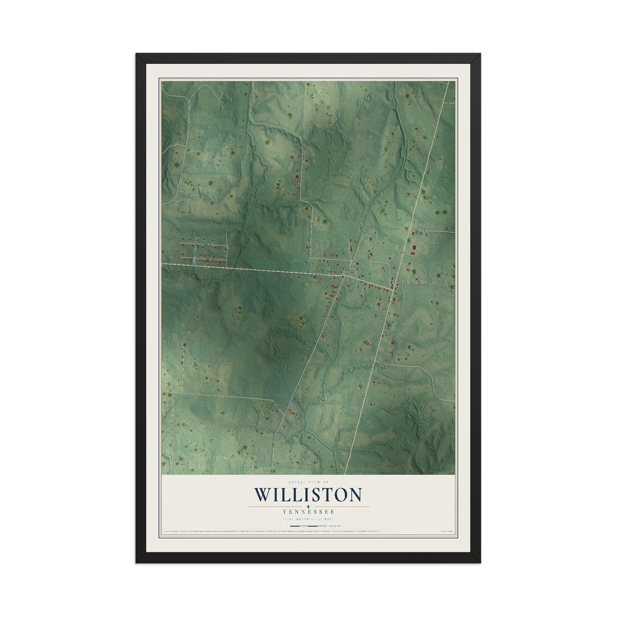 Map of Williston, Tennessee, 12 x 18 inch print in a black wood frame