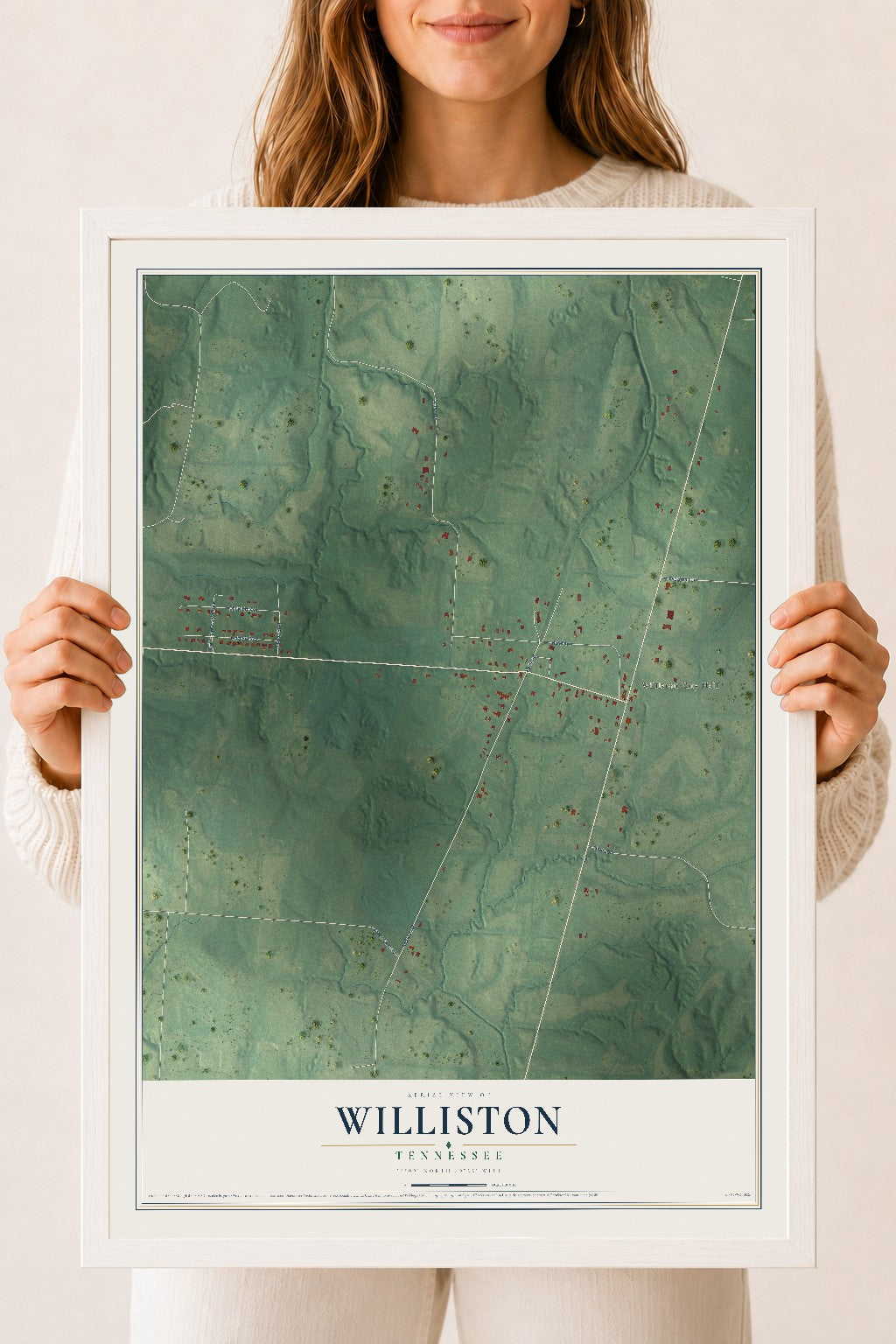 Map of Williston, Tennessee, 18 x 24 inch print in a white wood frame