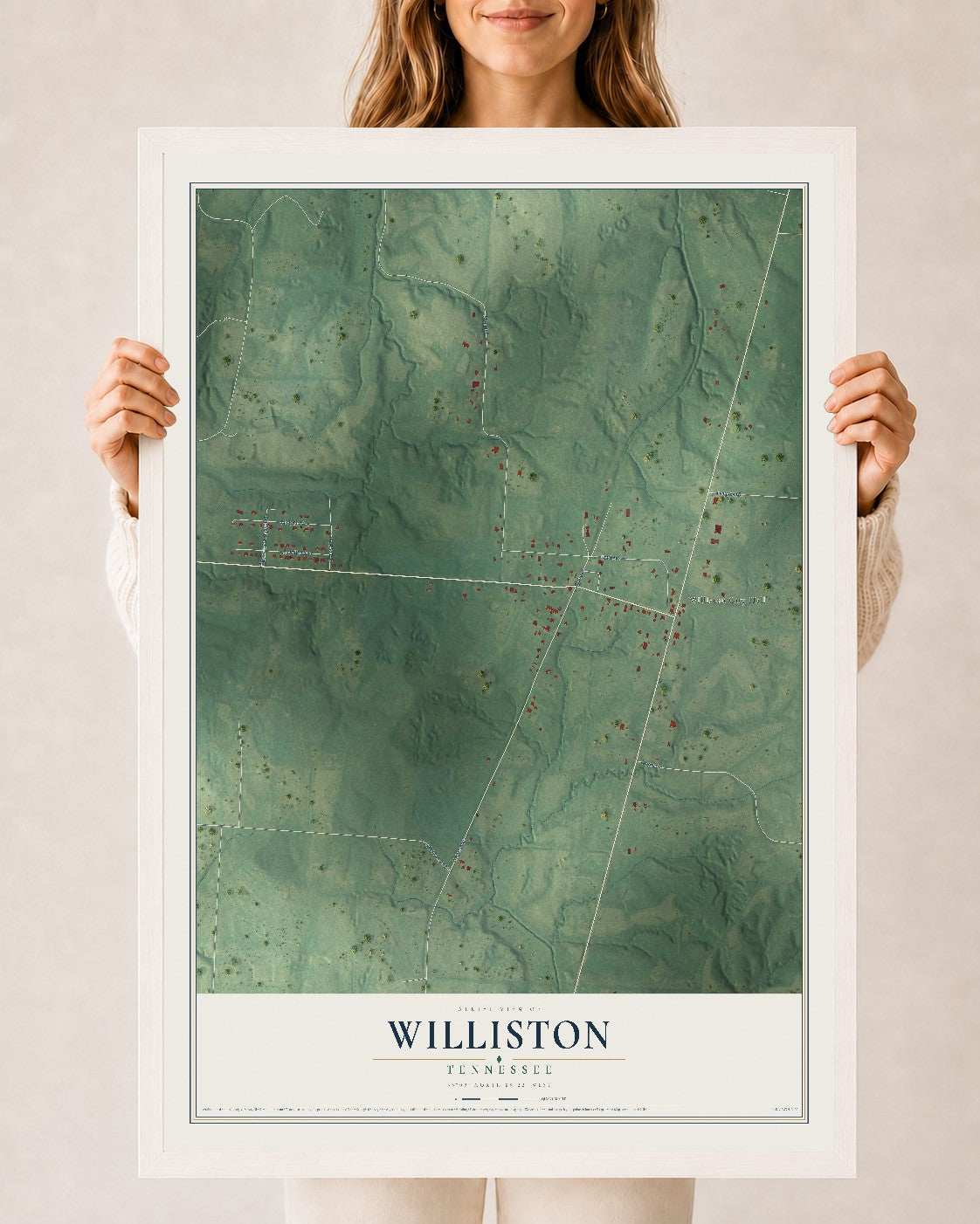 Map of Williston, Tennessee, 24 x 36 inch print in a white wood frame