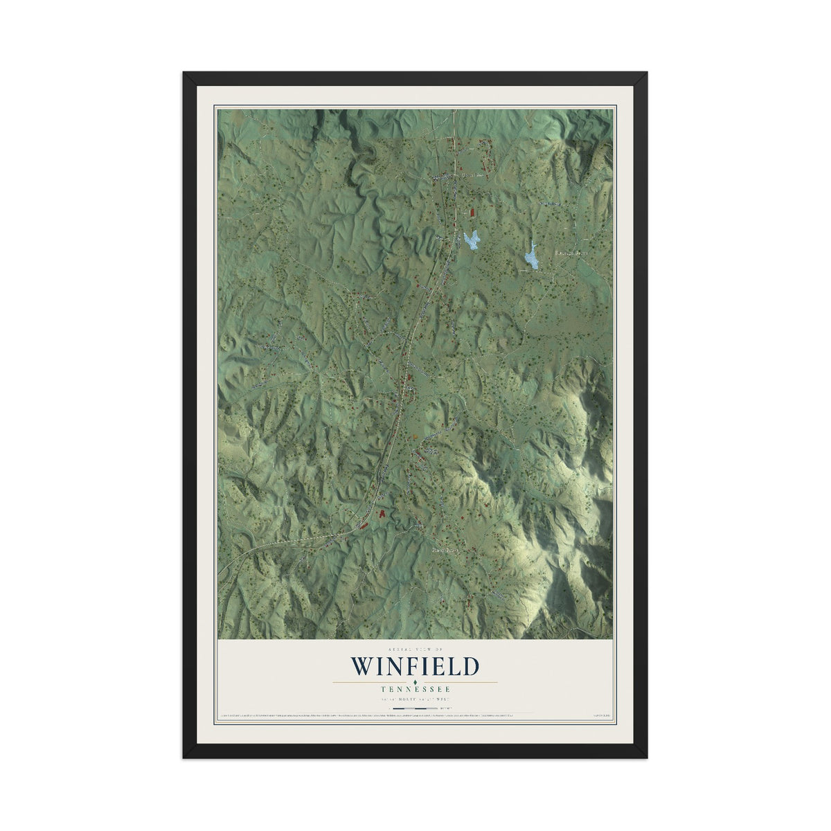 Map of Winfield, Tennessee, 12 x 18 inch print in a black wood frame