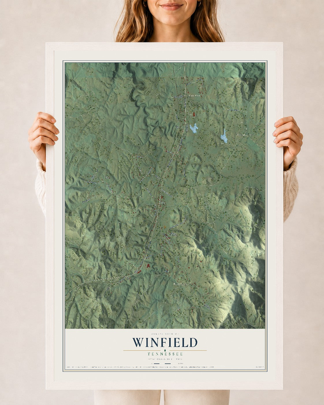 Map of Winfield, Tennessee, 24 x 36 inch print in a white wood frame