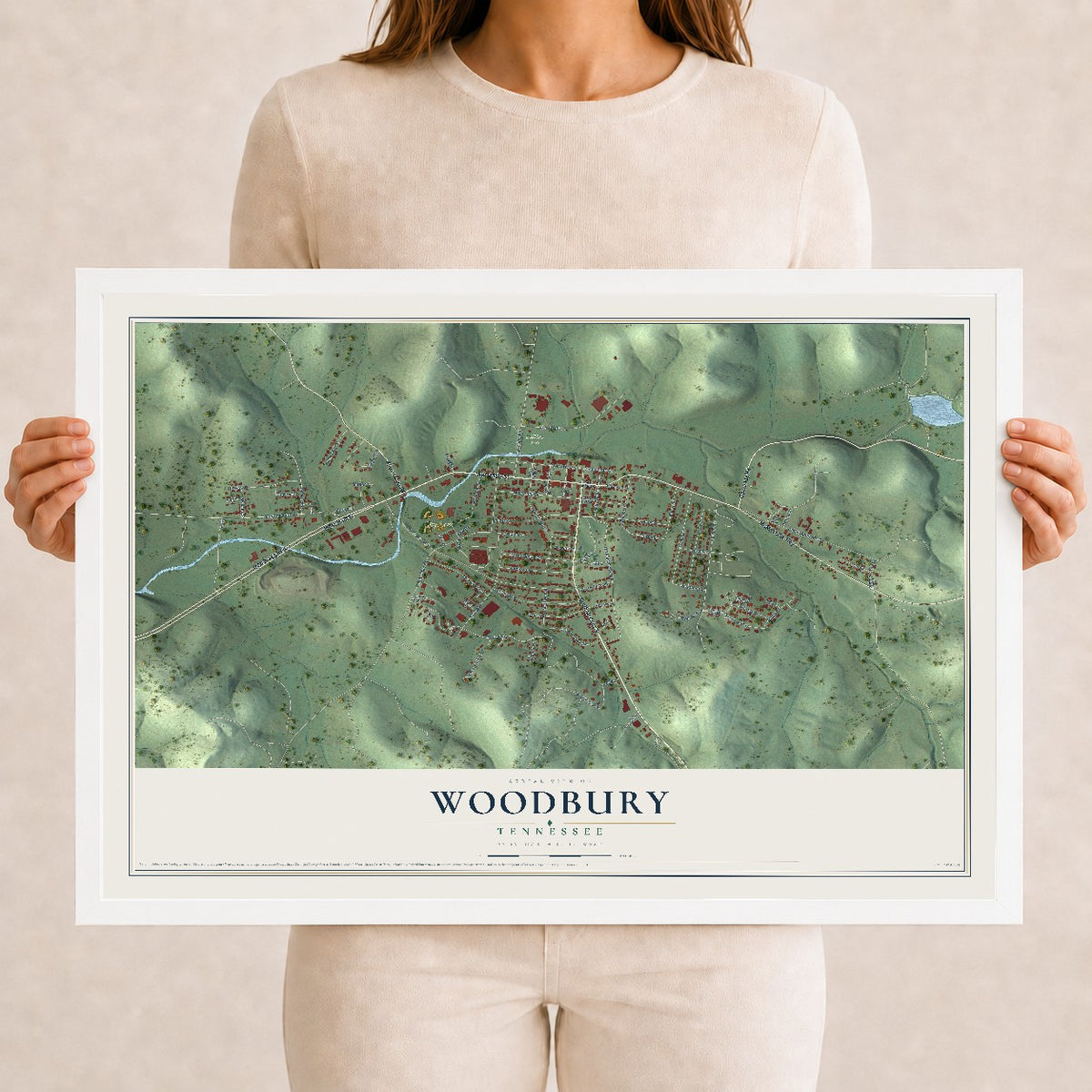 Map of Woodbury, Tennessee, 12 x 18 inch print in a white wood frame