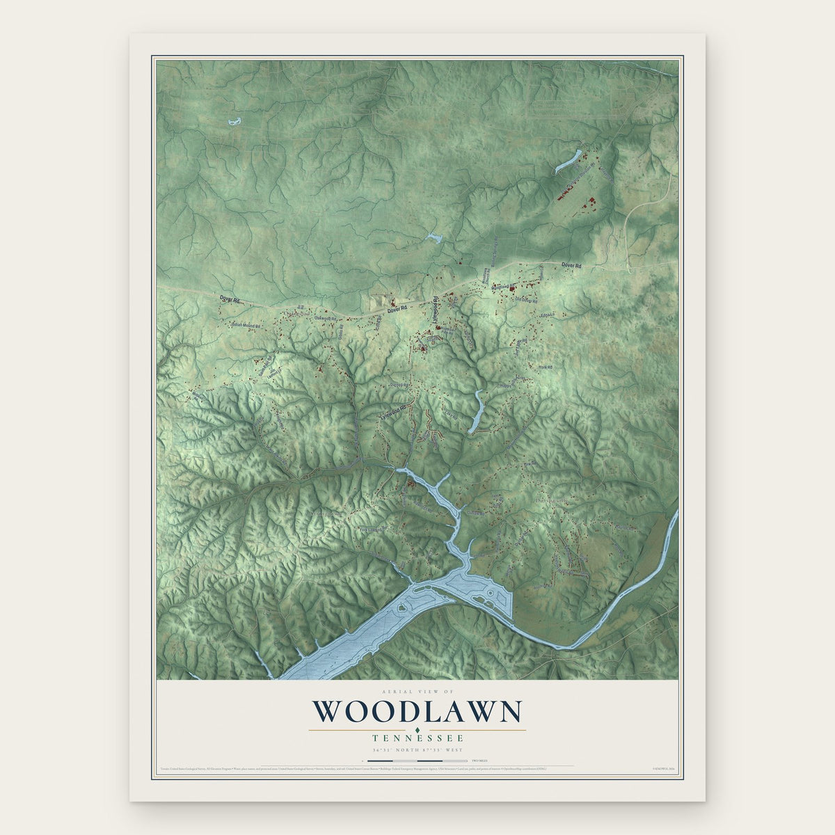 Woodlawn, Tennessee map print, the full design