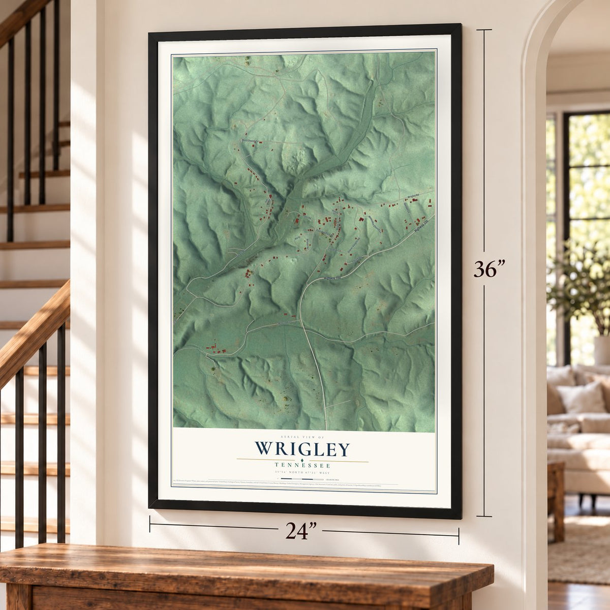 Wrigley, Tennessee map, 24 x 36 inch print in a black frame by a staircase