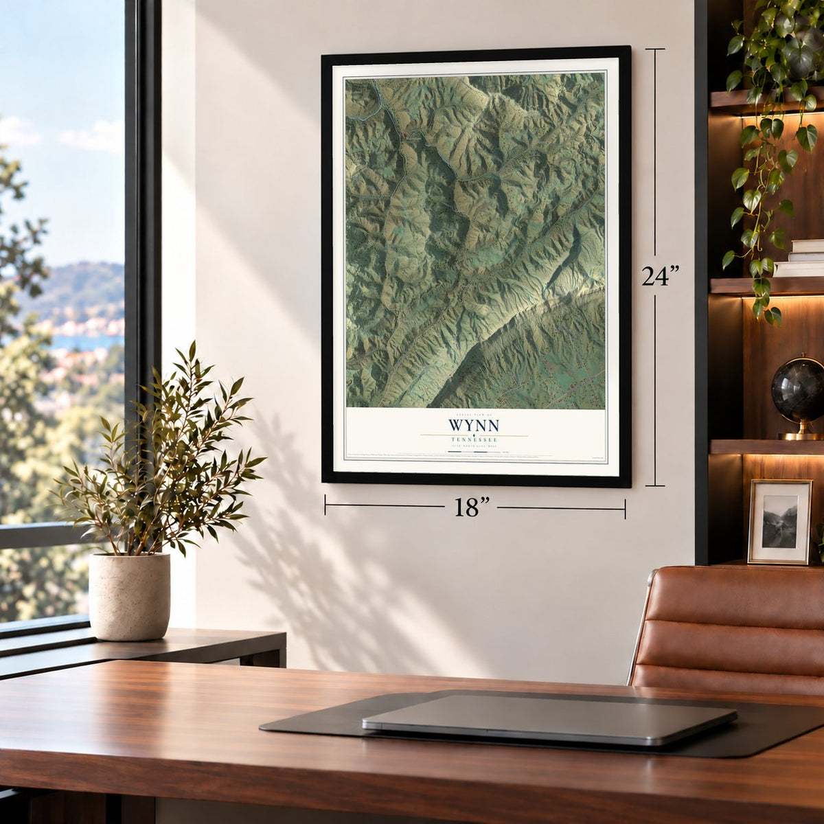 Wynn, Tennessee map, 18 x 24 inch print in a black frame in a home office