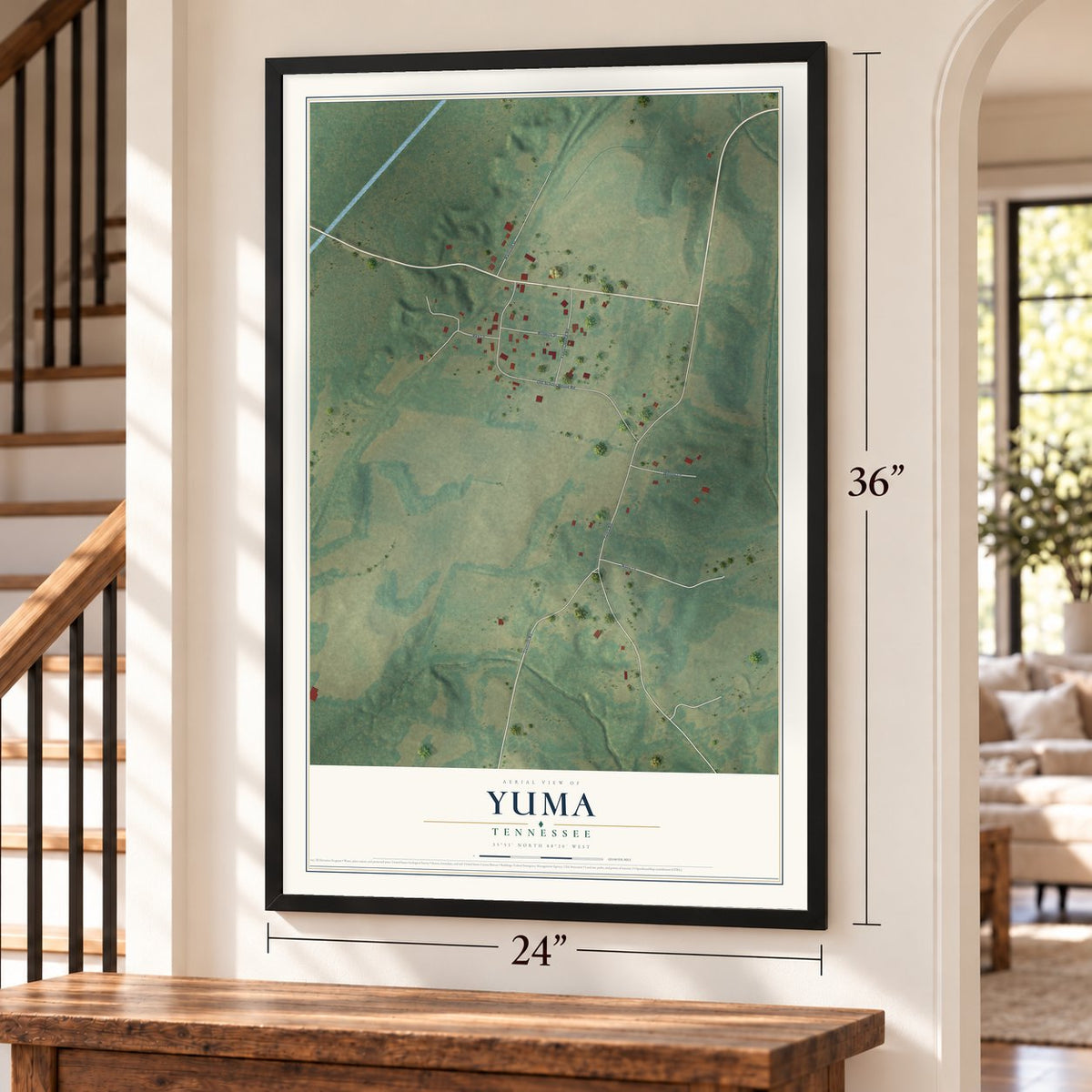 Yuma, Tennessee map, 24 x 36 inch print in a black frame by a staircase