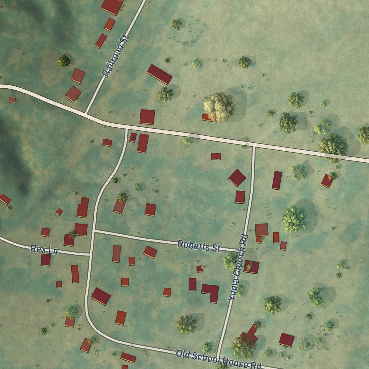 Close-up of the map of Yuma, Tennessee print showing street and building detail