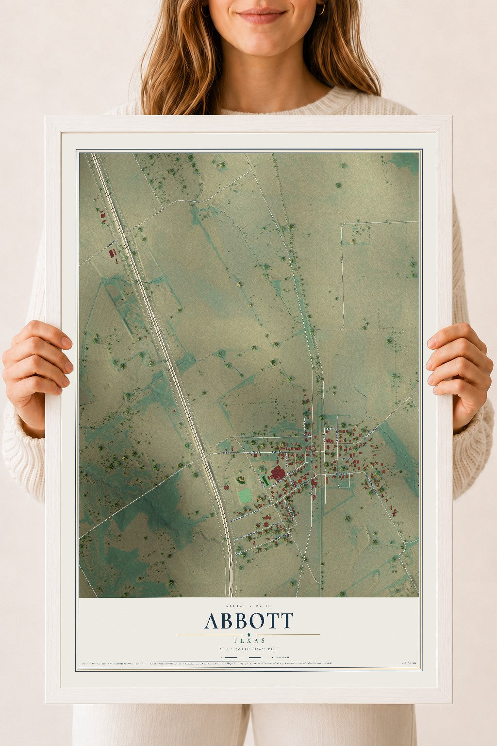 Map of Abbott, Texas, 18 x 24 inch print in a white wood frame