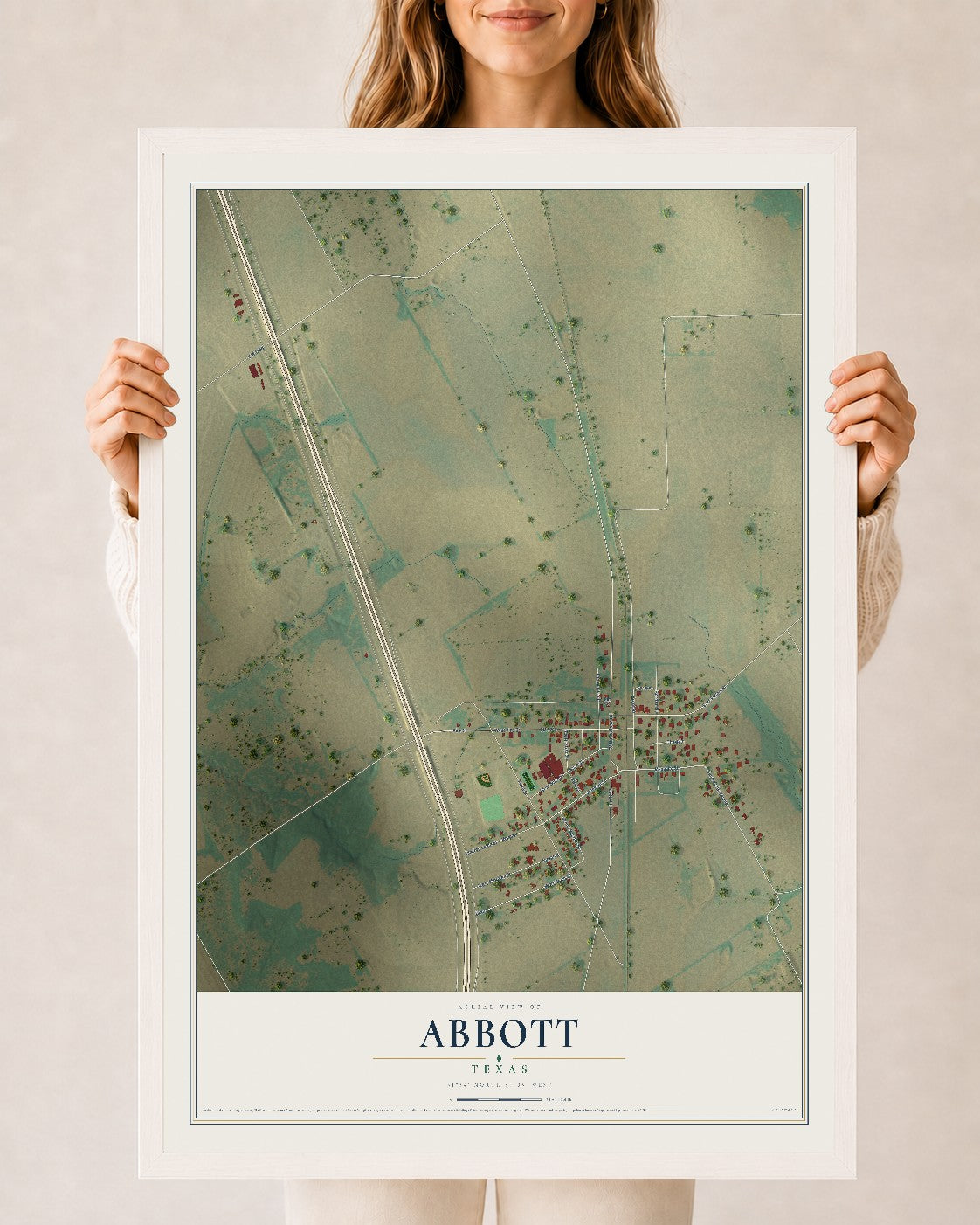 Map of Abbott, Texas, 24 x 36 inch print in a white wood frame