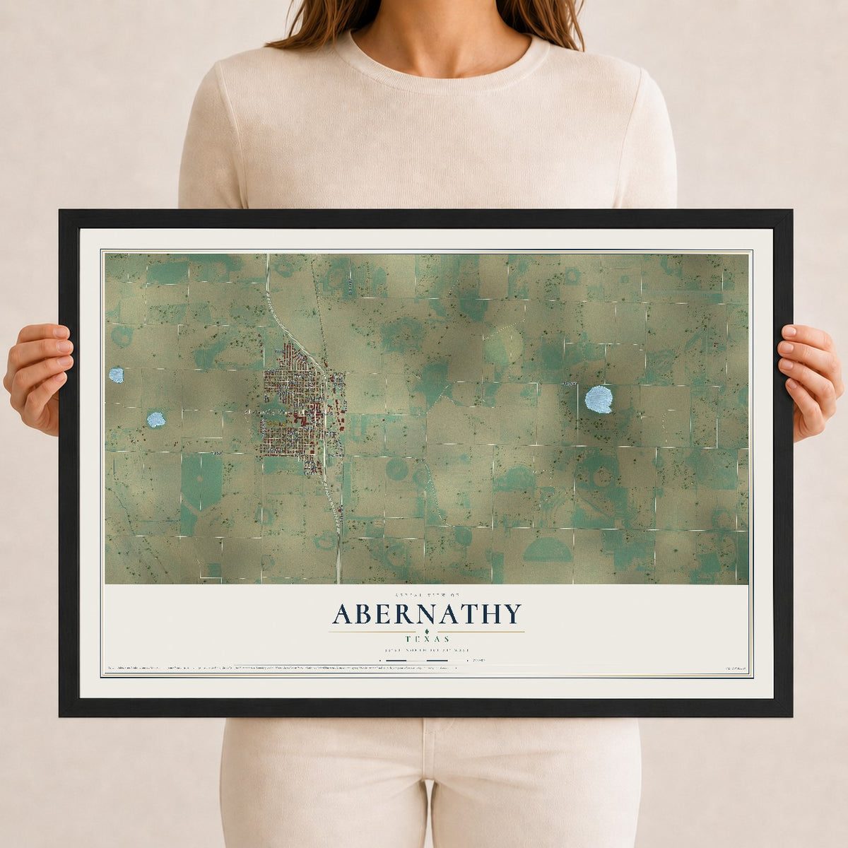 Map of Abernathy, Texas, 12 x 18 inch print in a black wood frame