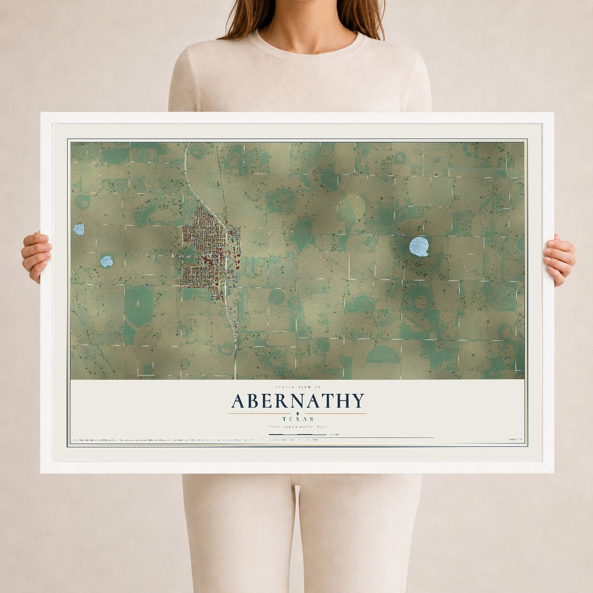Map of Abernathy, Texas, 24 x 36 inch print in a white wood frame