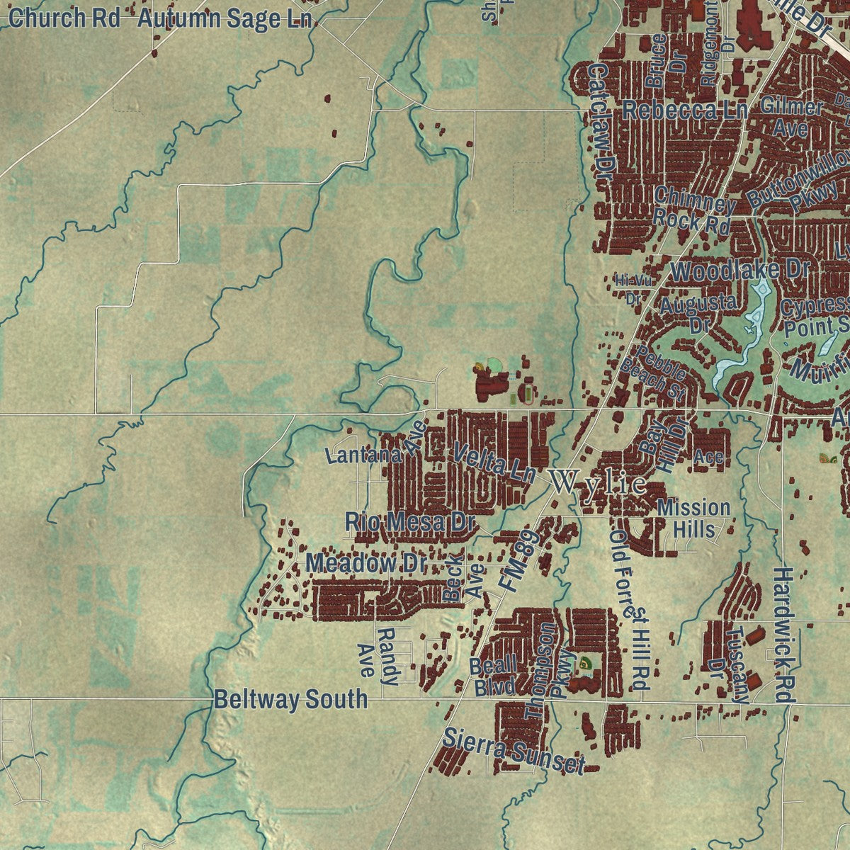 Second close-up of the map of Abilene, Texas print showing more streets and buildings