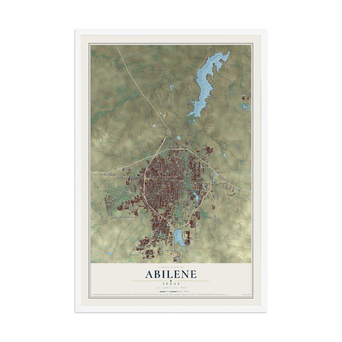 Map of Abilene, Texas, 12 x 18 inch print in a white wood frame