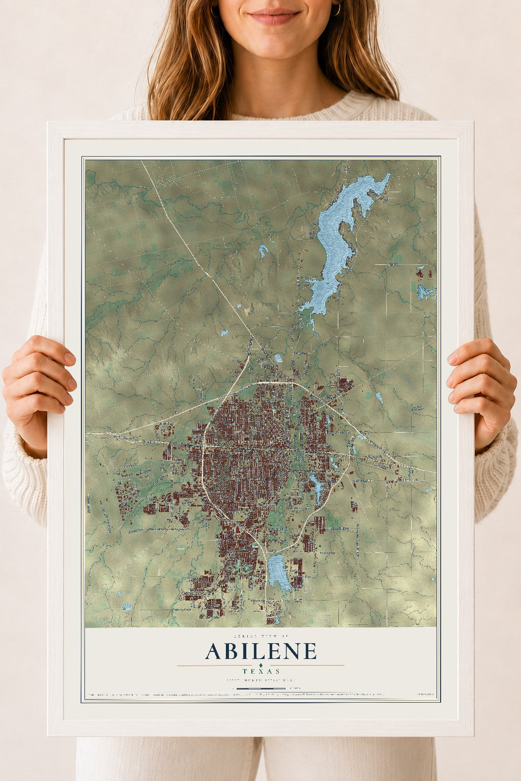 Map of Abilene, Texas, 18 x 24 inch print in a white wood frame