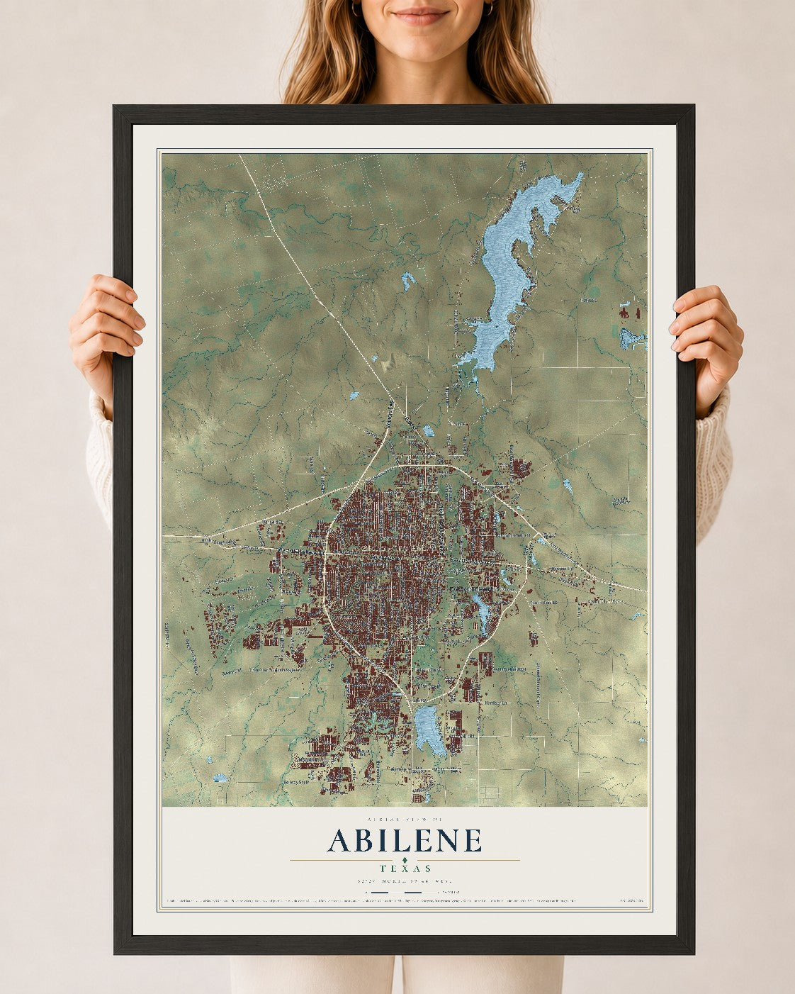 Map of Abilene, Texas, 24 x 36 inch print in a black wood frame
