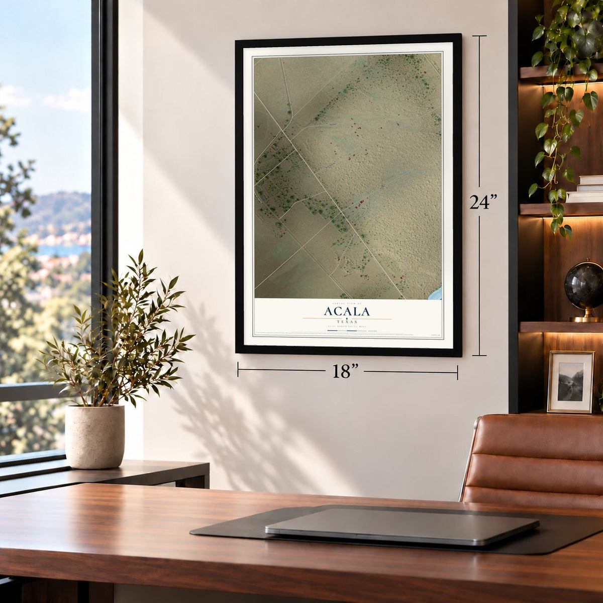 Acala, Texas map, 18 x 24 inch print in a black frame in a home office