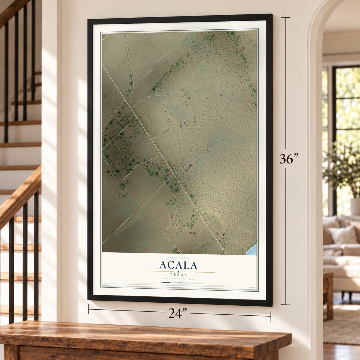 Acala, Texas map, 24 x 36 inch print in a black frame by a staircase