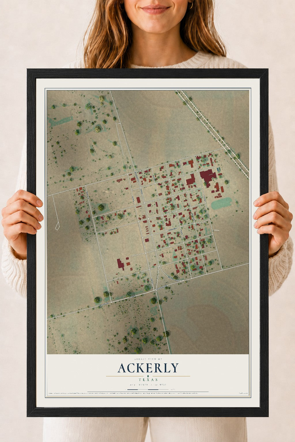 Map of Ackerly, Texas, 18 x 24 inch print in a black wood frame