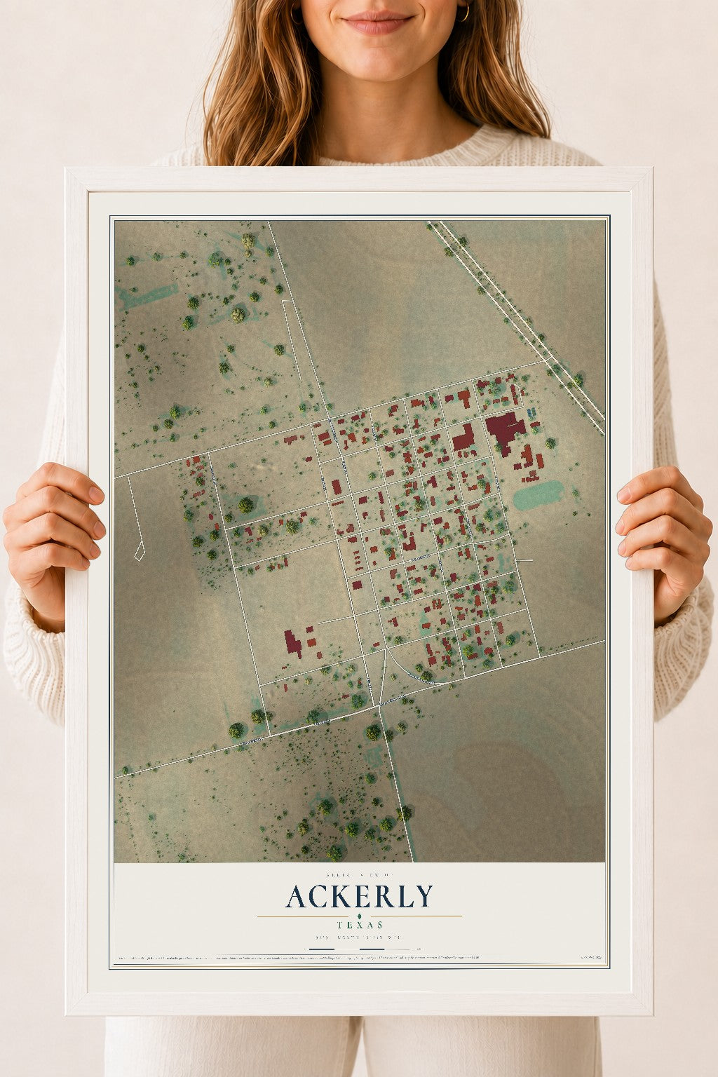 Map of Ackerly, Texas, 18 x 24 inch print in a white wood frame