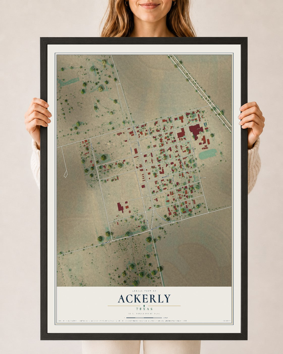 Map of Ackerly, Texas, 24 x 36 inch print in a black wood frame