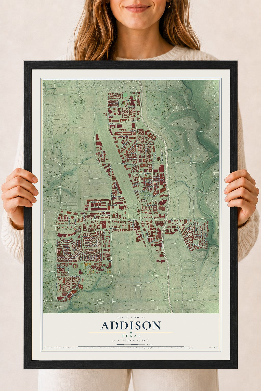 Map of Addison, Texas, 18 x 24 inch print in a black wood frame