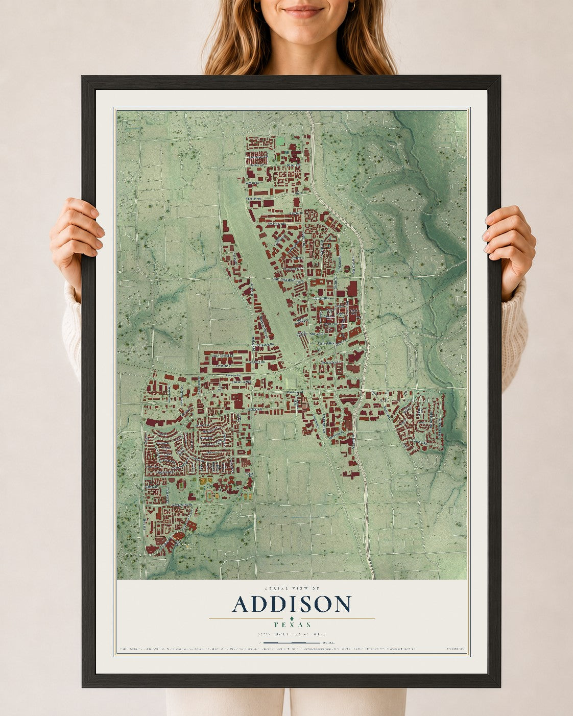 Map of Addison, Texas, 24 x 36 inch print in a black wood frame