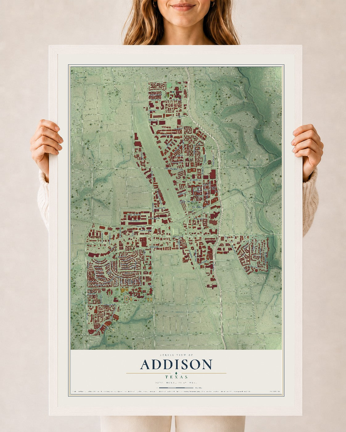 Map of Addison, Texas, 24 x 36 inch print in a white wood frame