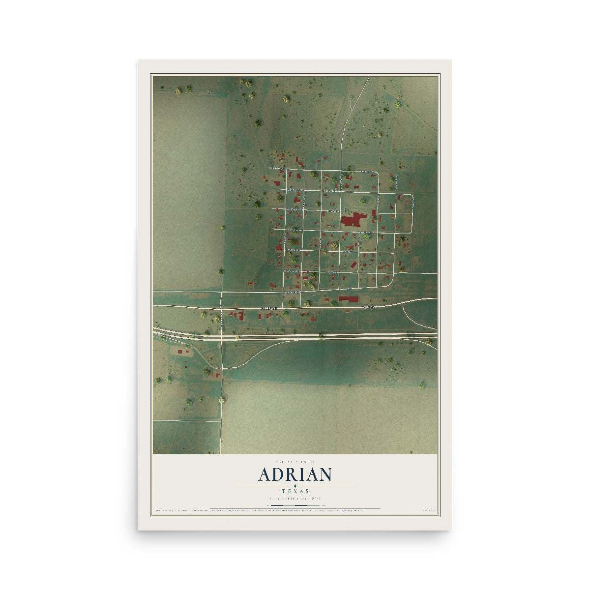 Map of Adrian, Texas, 12 x 18 inch unframed archival matte print
