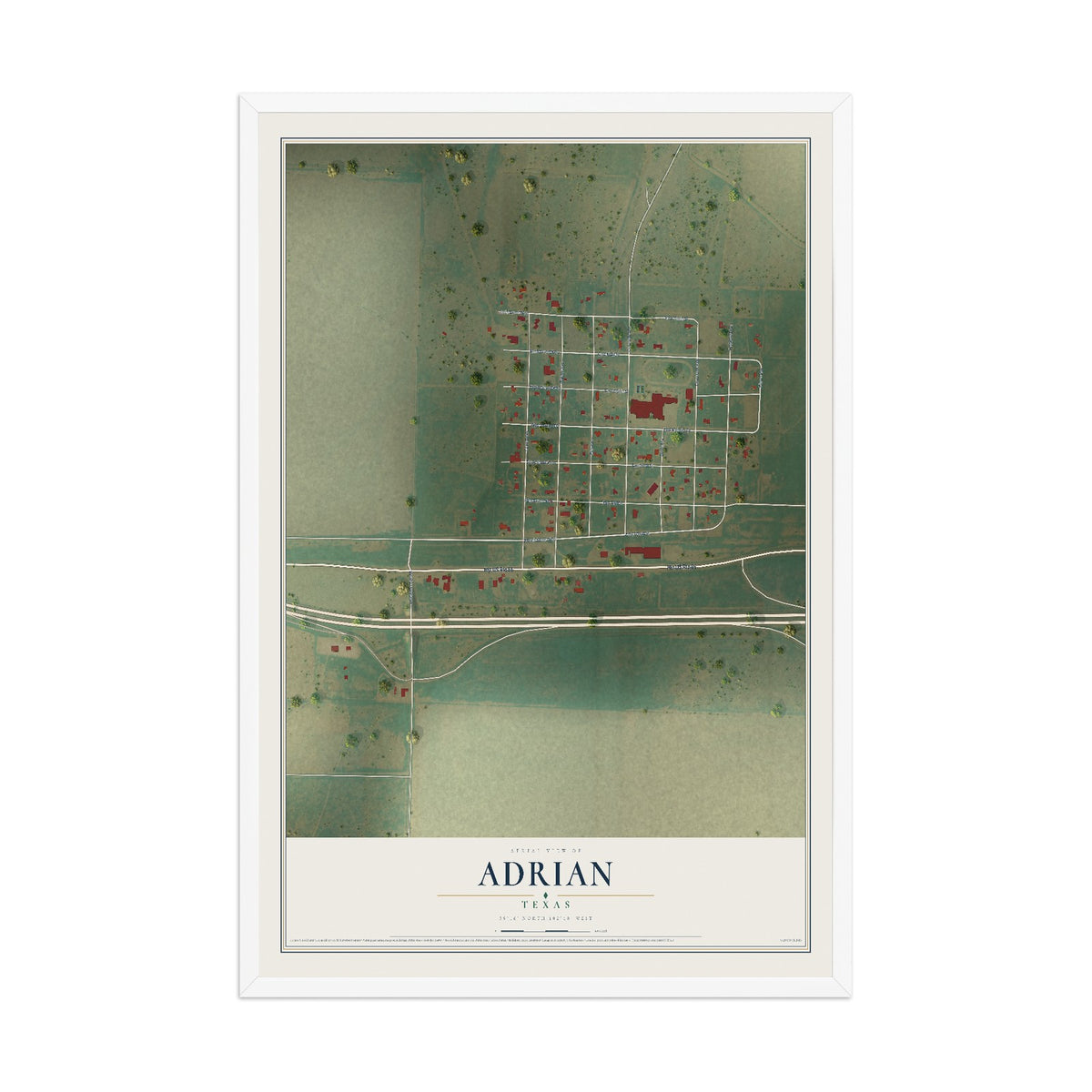 Map of Adrian, Texas, 12 x 18 inch print in a white wood frame