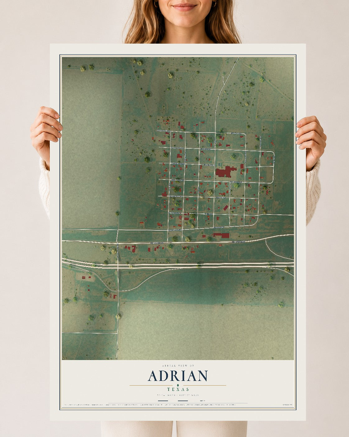 Map of Adrian, Texas, 24 x 36 inch unframed archival matte print