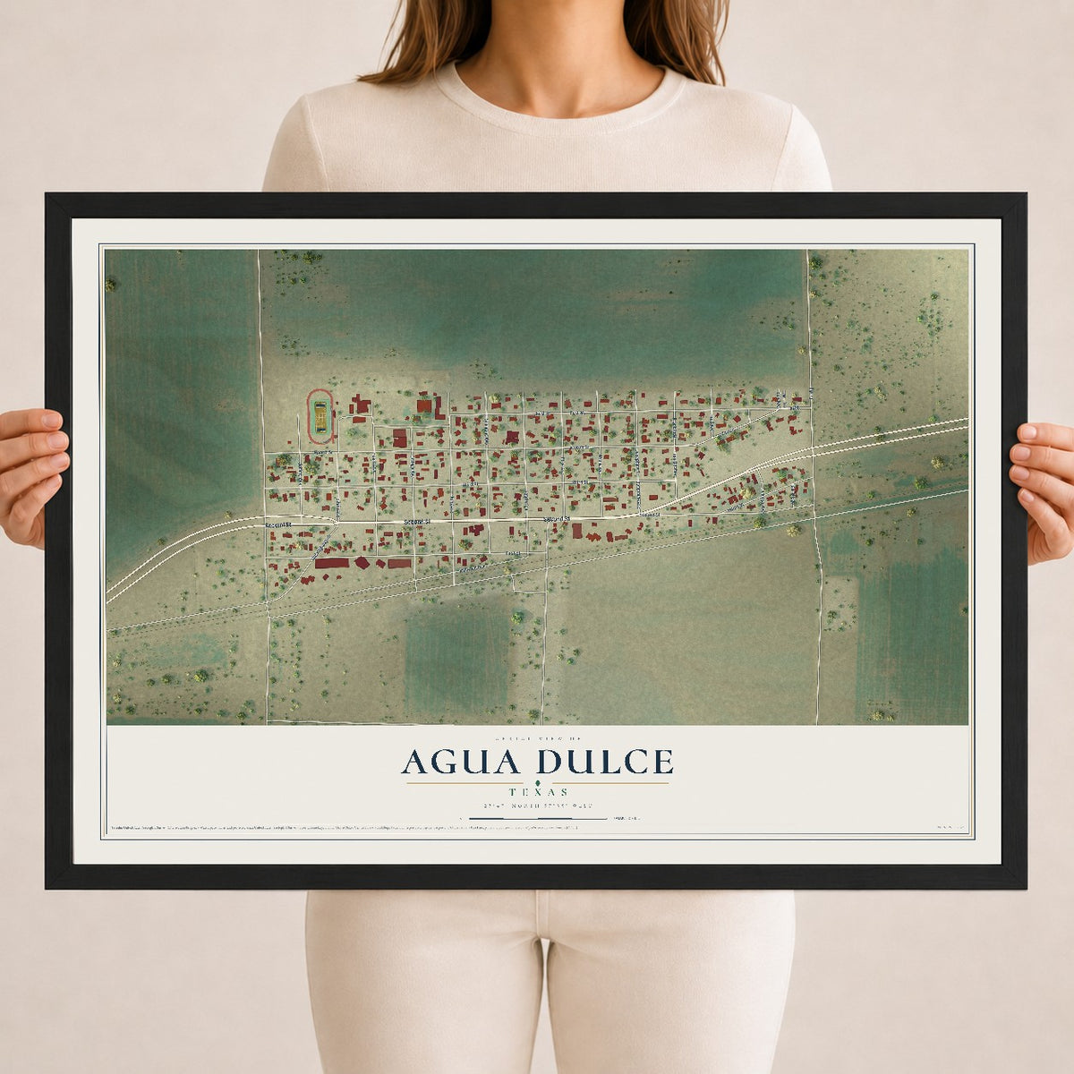 Map of Agua Dulce, Texas, 18 x 24 inch print in a black wood frame